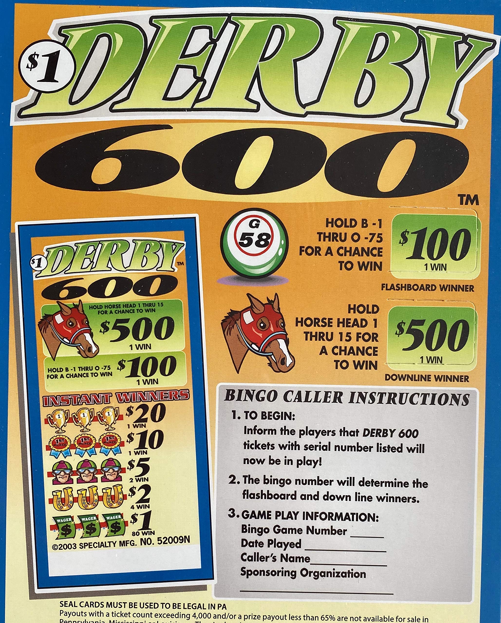 Derby 600 Horse Racing Bingo Pull Tab Game - $500 Prize | Fun Casino-Style Game for Parties, Bars & Fundraisers