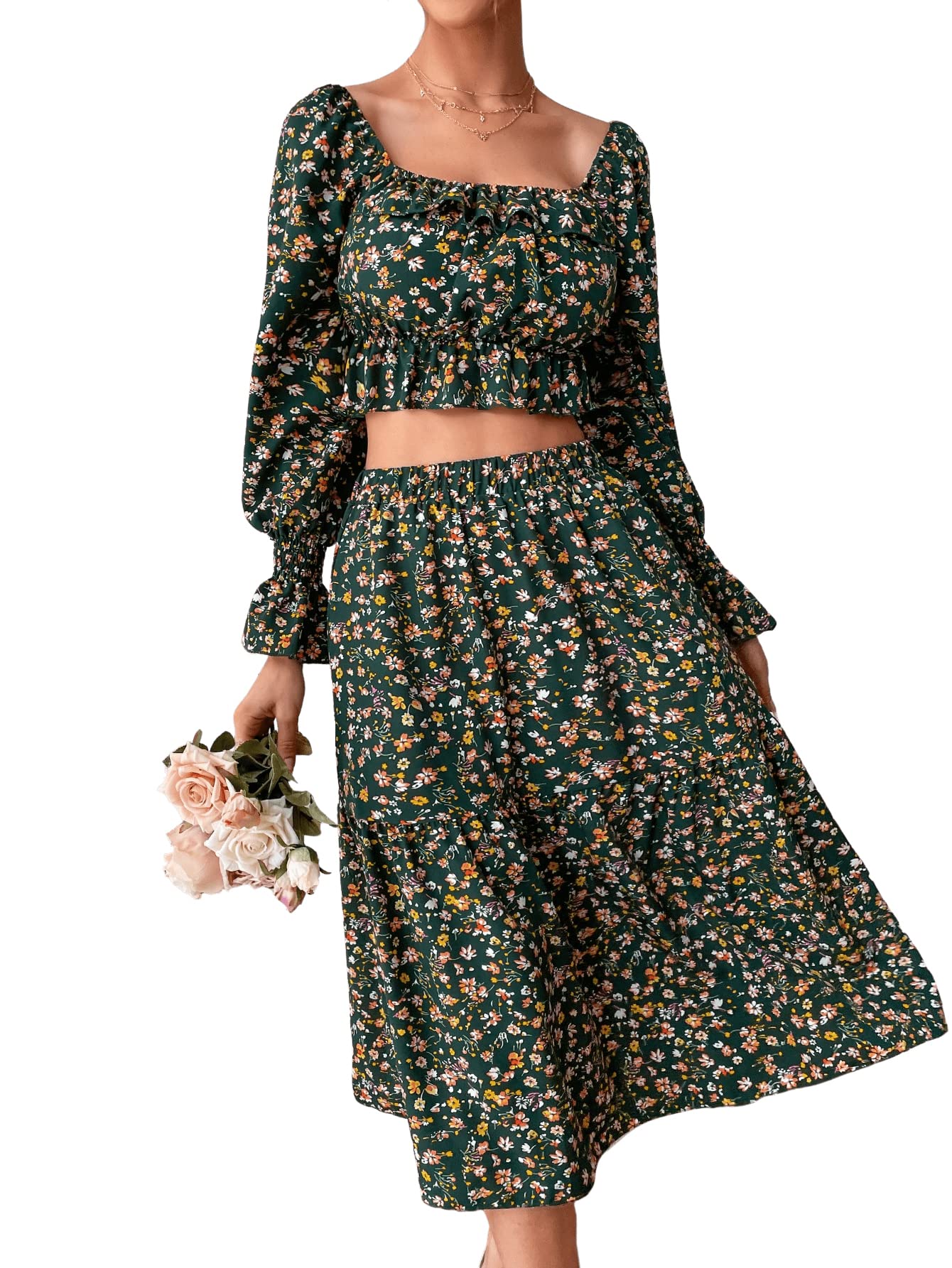 SweatyRocks Women's 2 Piece Outfits - Boho Floral Print Long Sleeve Crop Top with Midi Skirt Set | Summer Casual Outfit for Beach, Music Festival & Vacation