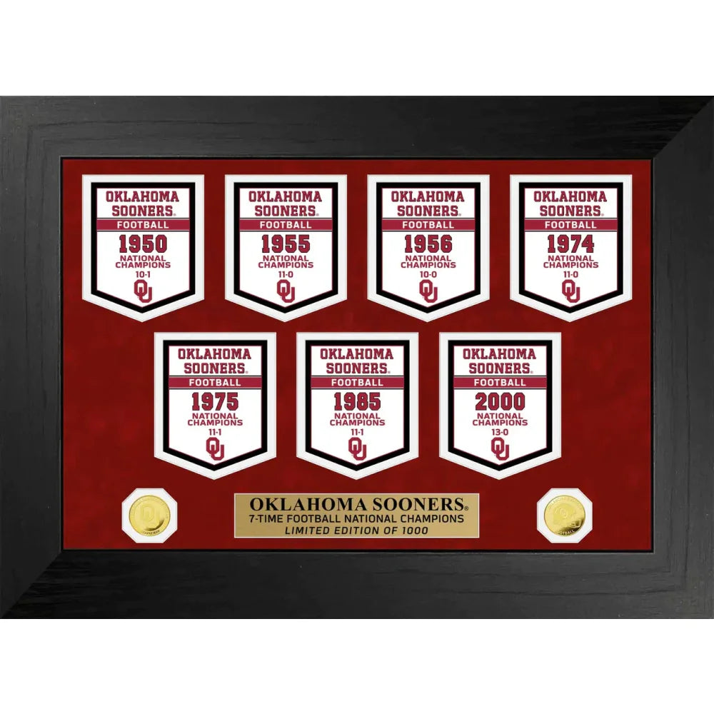 Oklahoma Sooners NCAA Football National Championship Banner & Gold Coin Framed Collage - Perfect for Game Room, Man Cave, Sports Bar Decor, and OU Fan Gifts