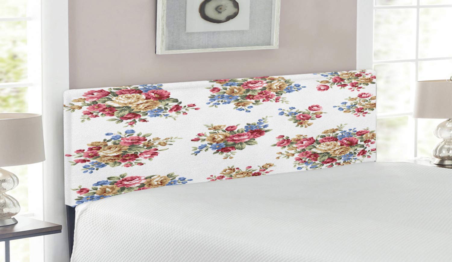 Ambesonne Floral Headboard - Vintage Rose Bouquet Upholstered Metal Bed Frame with Memory Foam, Queen Size (Dark Coral/Blue/Tan) - Perfect for Romantic Bedrooms, Wedding Decor & Vintage Home Decor