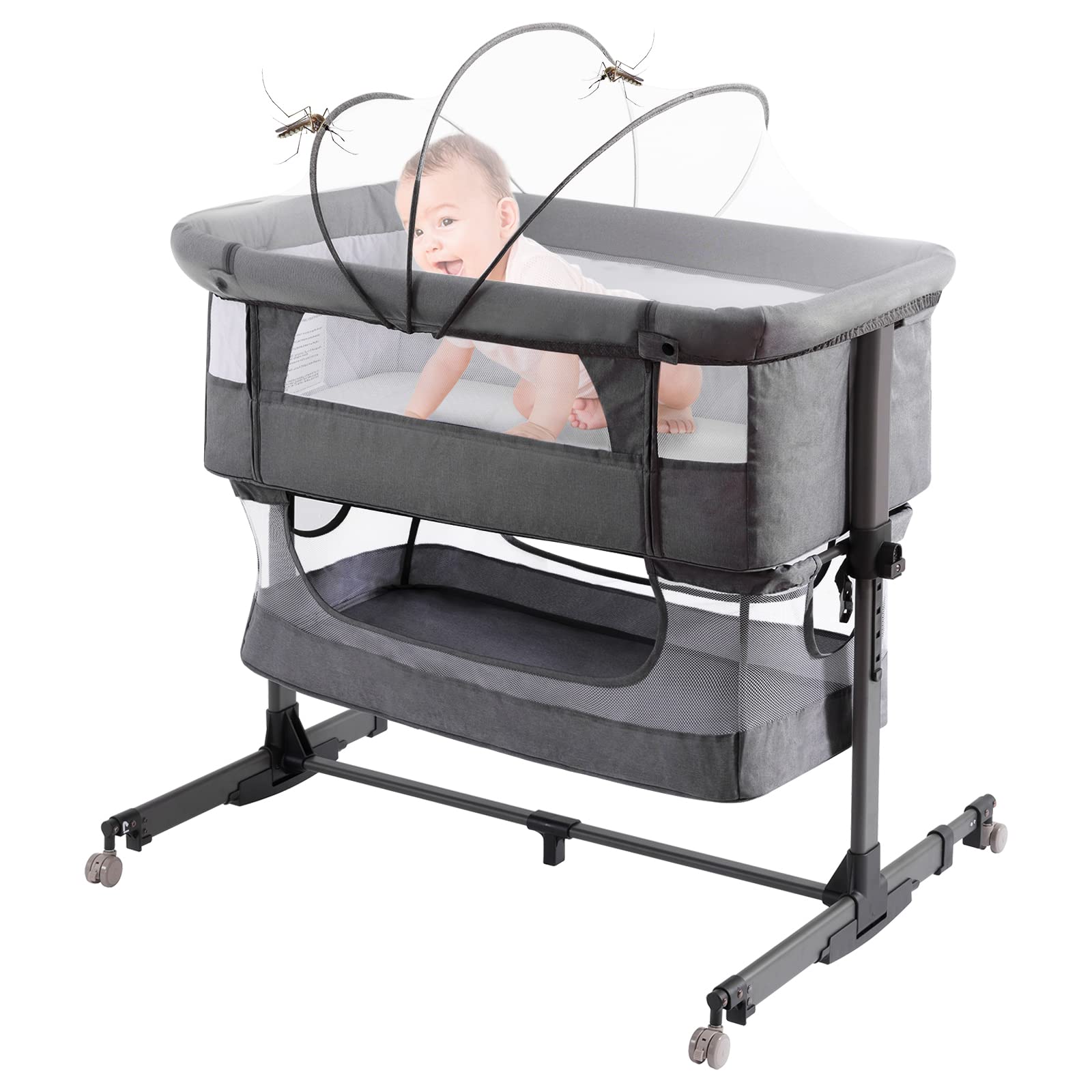 3 in 1 Baby Crib Bedside Sleeper, Adjustable Portable Bassinet for Newborn & Infant - Deep Grey | Perfect for Co-Sleeping, Nursery & Travel