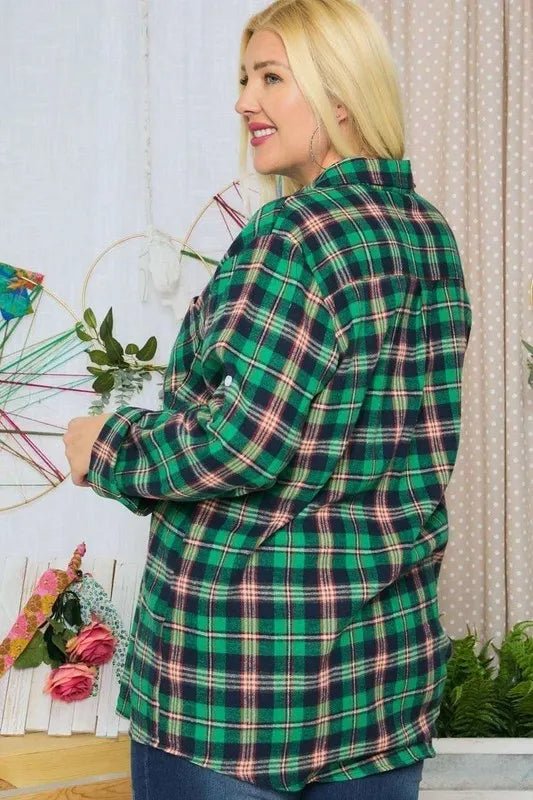 ADORA Women's Plus Size Classic Plaid Button Down Shirt with Roll-Up Sleeves - Casual Office Wear & Fall Layering Essential