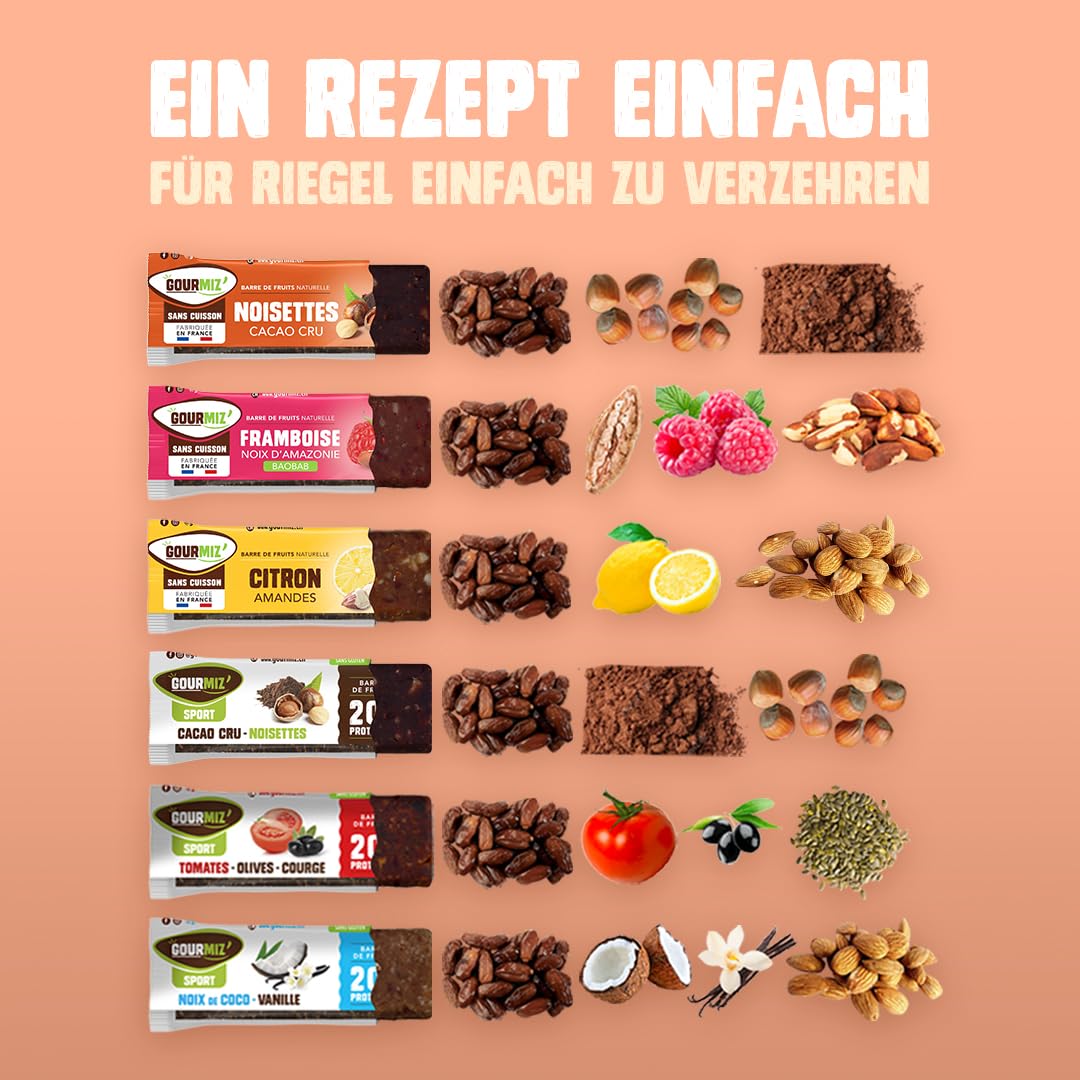 Gourmiz Fruit Bar - Discovery Pack 6 Bars, High Energy Carbohydrate & Organic Protein Bars, Dates, Vegan Snacks, Gluten Free, No Added Sugar - Perfect for Sports, Hiking & Healthy On-the-Go Snacking
