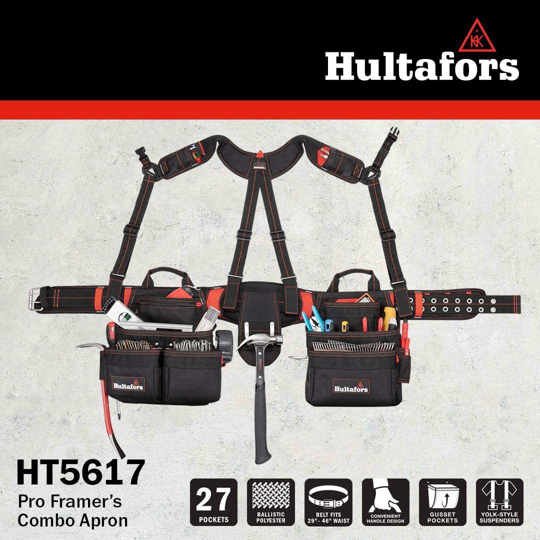 Hultafors HT5617 Heavy Duty Pro Framer's Tool Belt Apron - Ballistic Polyester Construction with 27 Pockets, Yoke Suspenders & Steel Hammer Loops - Perfect for Carpenters, Construction Workers & DIY Home Improvement Projects