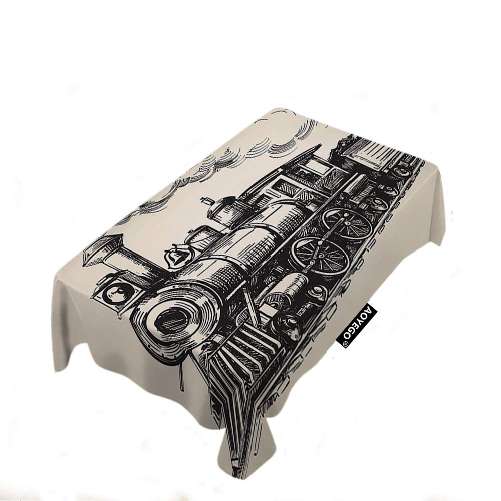 Vintage Steam Locomotive Sketch Tablecloth 60x104 Inch - Polyester Rectangle Table Cover for Dining, Picnic, Party - Railroad & Railway Themed Decor for Indoor/Outdoor Use - Perfect for Dinner Parties, BBQs, and Train Enthusiast Gatherings
