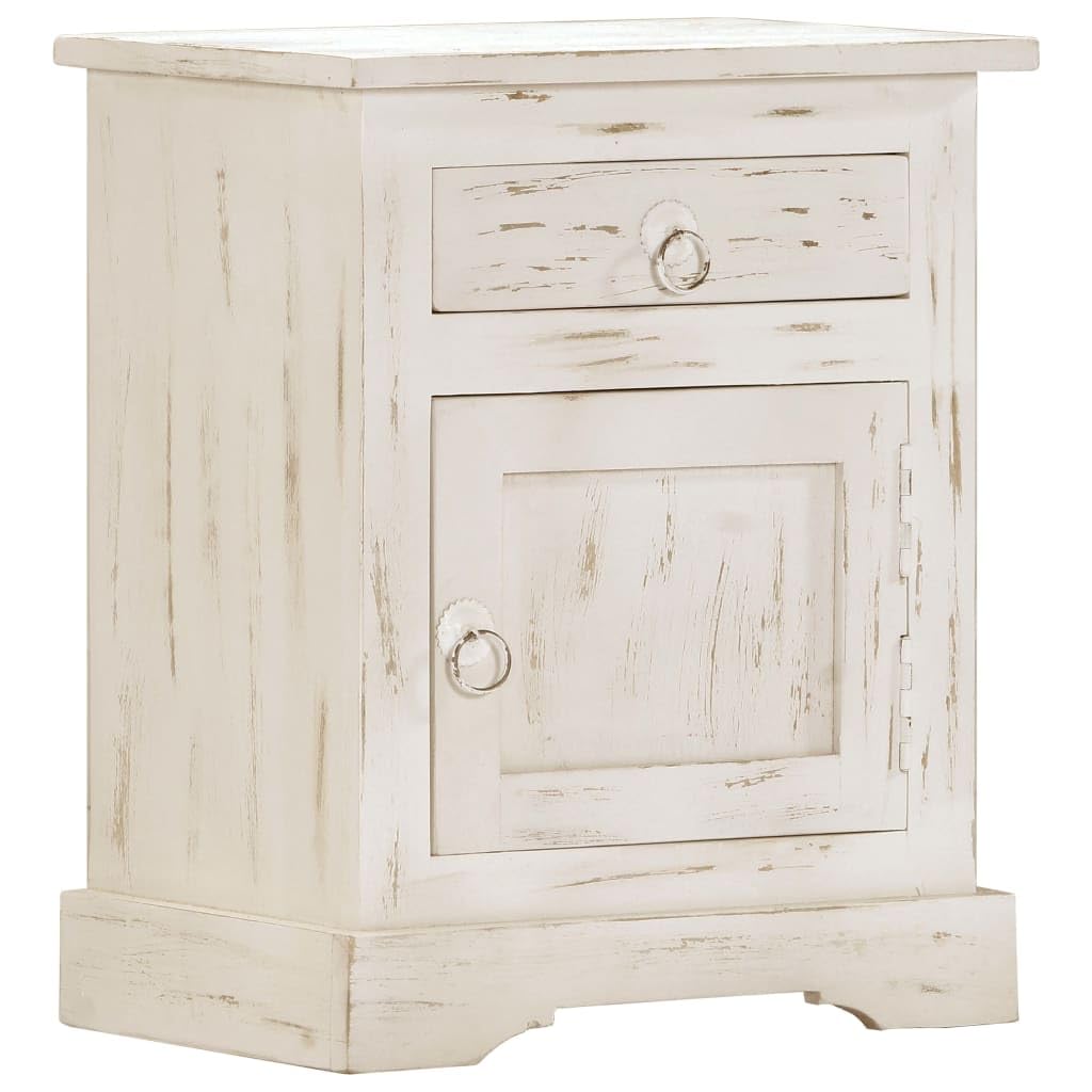 vidaXL Solid Mango Wood Bedside Cabinet with Drawer and Door - Antique-Style White Nightstand for Bedroom, Living Room, 15.7