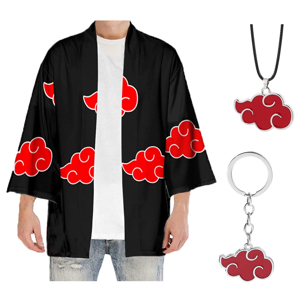 Unisex Akatsuki Cape with Red Cloud Necklace & Keychain - Anime Cosplay Costume for Adults | Perfect for Naruto Conventions, Halloween Parties, and Themed Events