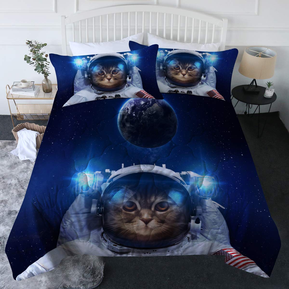 BlessLiving Space Cat Comforter Twin XL - Boys Galaxy Cat Bed Set for Kids & Teens, Blue 3-Piece Cute Cat Bedding with Comforter & 2 Pillow Shams | Perfect for Kids' Bedrooms, Dorm Rooms & Cozy Sleepovers