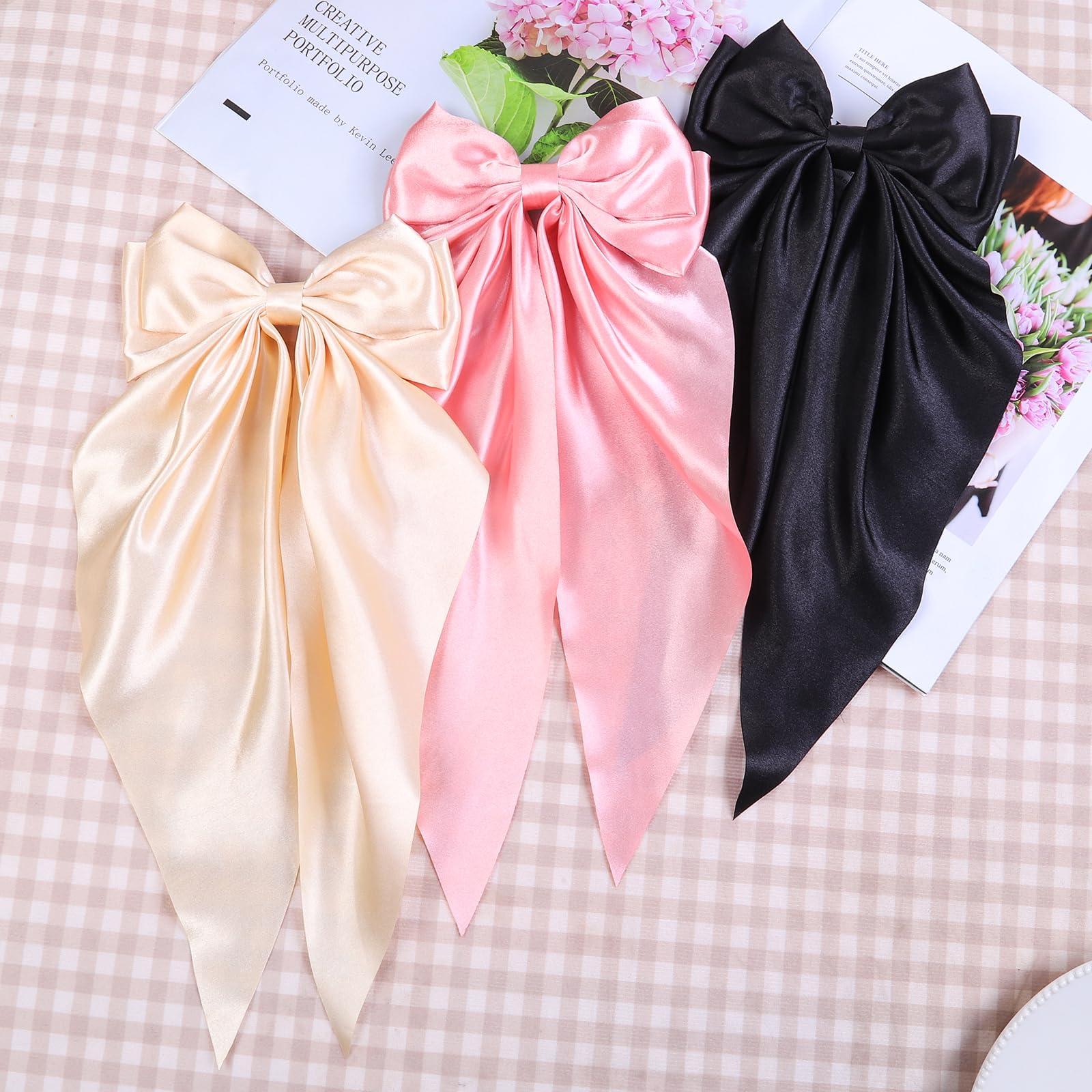 6PCS Large Bow Hair Clips for Women - Silky Satin Hair Bows with Long Tail - Elegant Hair Accessories for Women & Girls - Perfect for Weddings, Parties & Daily Styling