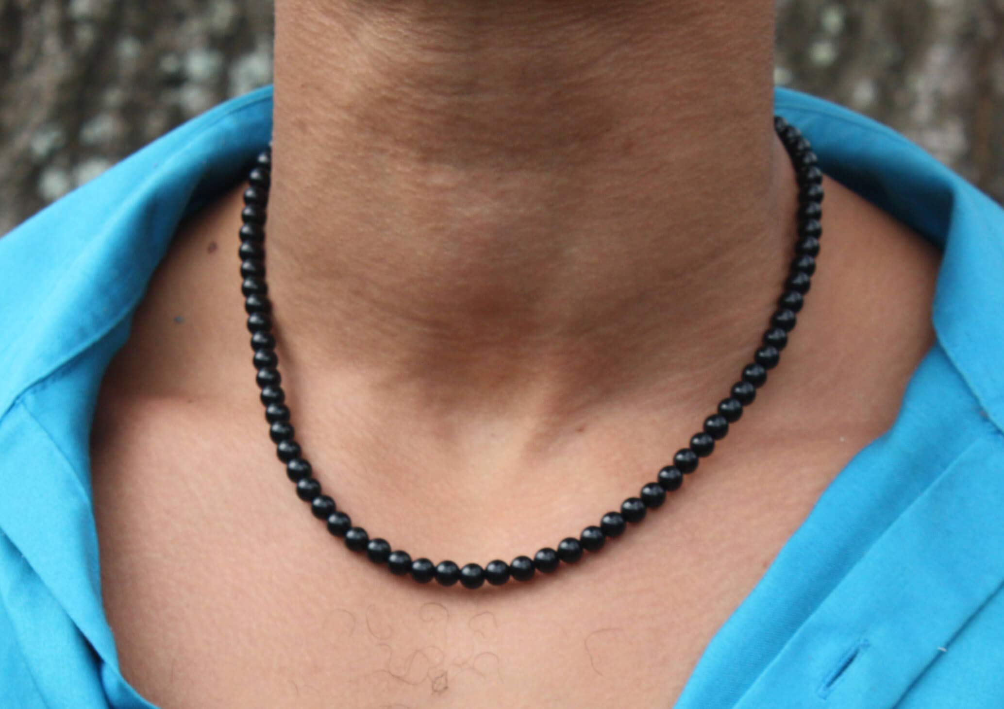 Handmade Black Onyx Crystal Necklace for Men & Women - Genuine Gemstone Beaded Mala Choker with 6mm Beads, 19