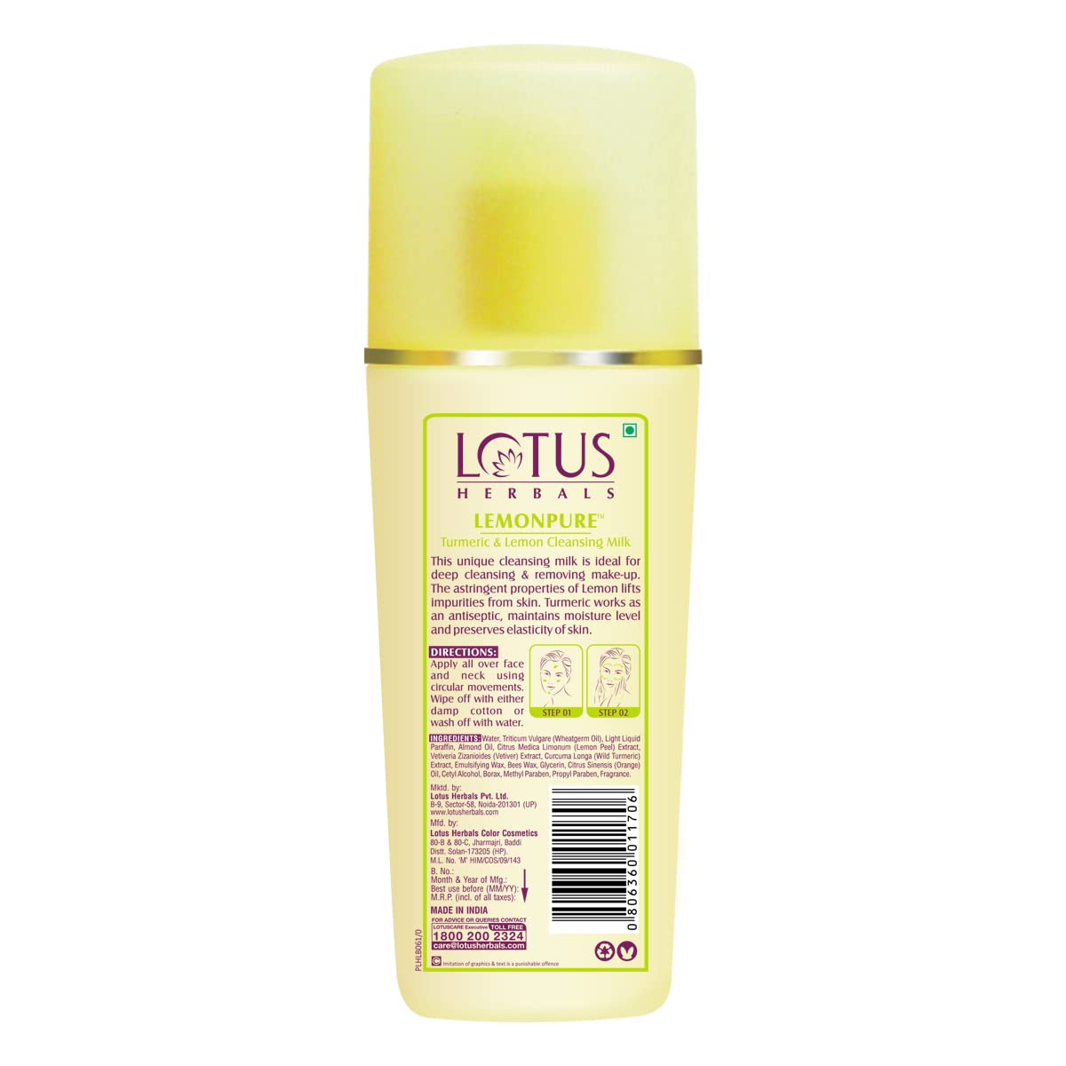 Lotus Herbals Lemonpure Turmeric & Lemon Cleansing Milk - Gentle Makeup Remover & Face Wash for All Skin Types (170ml) | Deep Cleansing, Brightening & Soothing | Perfect for Daily Skincare Routine & Travel