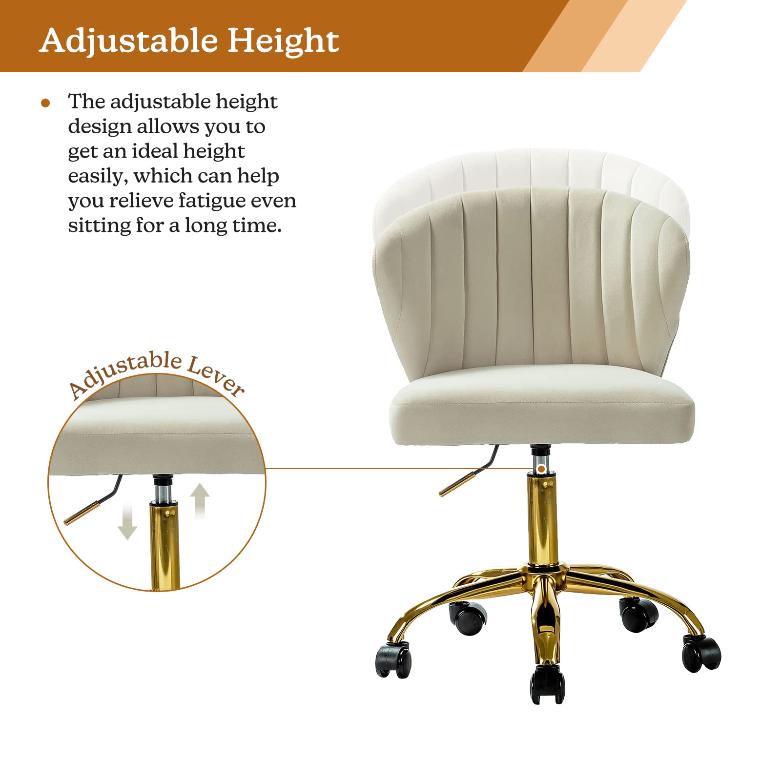 TINA'S HOME Modern Velvet Office Chair with Wheels & Gold Base - Adjustable Low Back Swivel Rolling Task Chair for Home Office, Living Room, Vanity or Study - Armless Upholstered Desk Chair in Tan | Perfect for Small Spaces, Work from Home & Makeup Stations