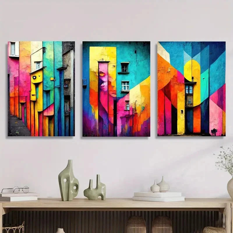 3-Piece Abstract Colorful Street Architecture Metal Wall Art - Ready to Hang Modern Home Decor for Living Room, Bedroom & Office