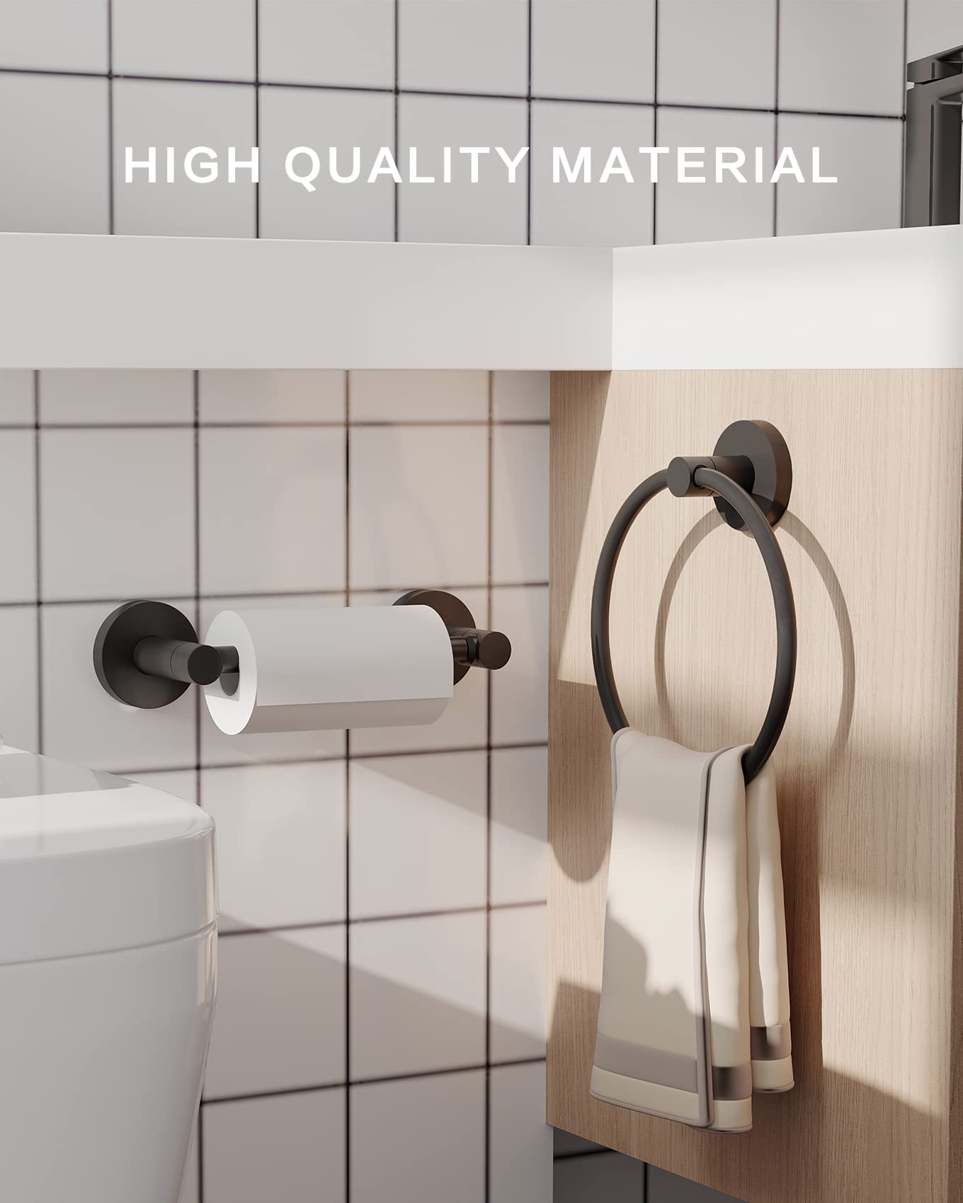 Fixsen 2-Piece Matte Black Bathroom Hardware Set - Stainless Steel & Zinc Alloy Wall Mounted Towel Ring & Toilet Paper Holder - Perfect for Modern Bathrooms, Powder Rooms & Guest Bath Decor