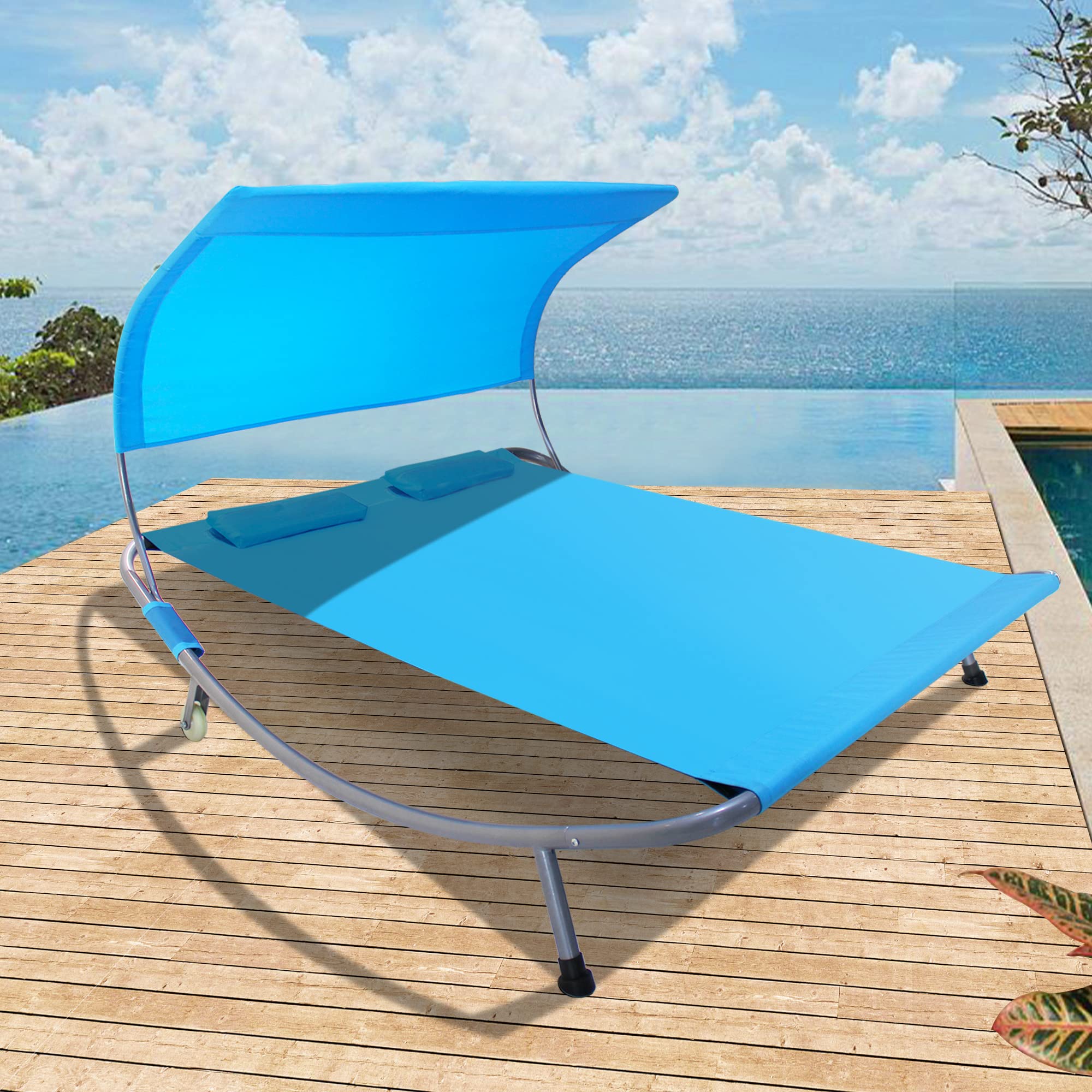 Outdoor Double Chaise Lounge Bed with Canopy & Headrest Pillow - Portable Patio Daybed with Wheels for Deck, Garden, Poolside, Sunroom & Indoor Use - Perfect for Relaxing, Sunbathing & Lounging (Blue)