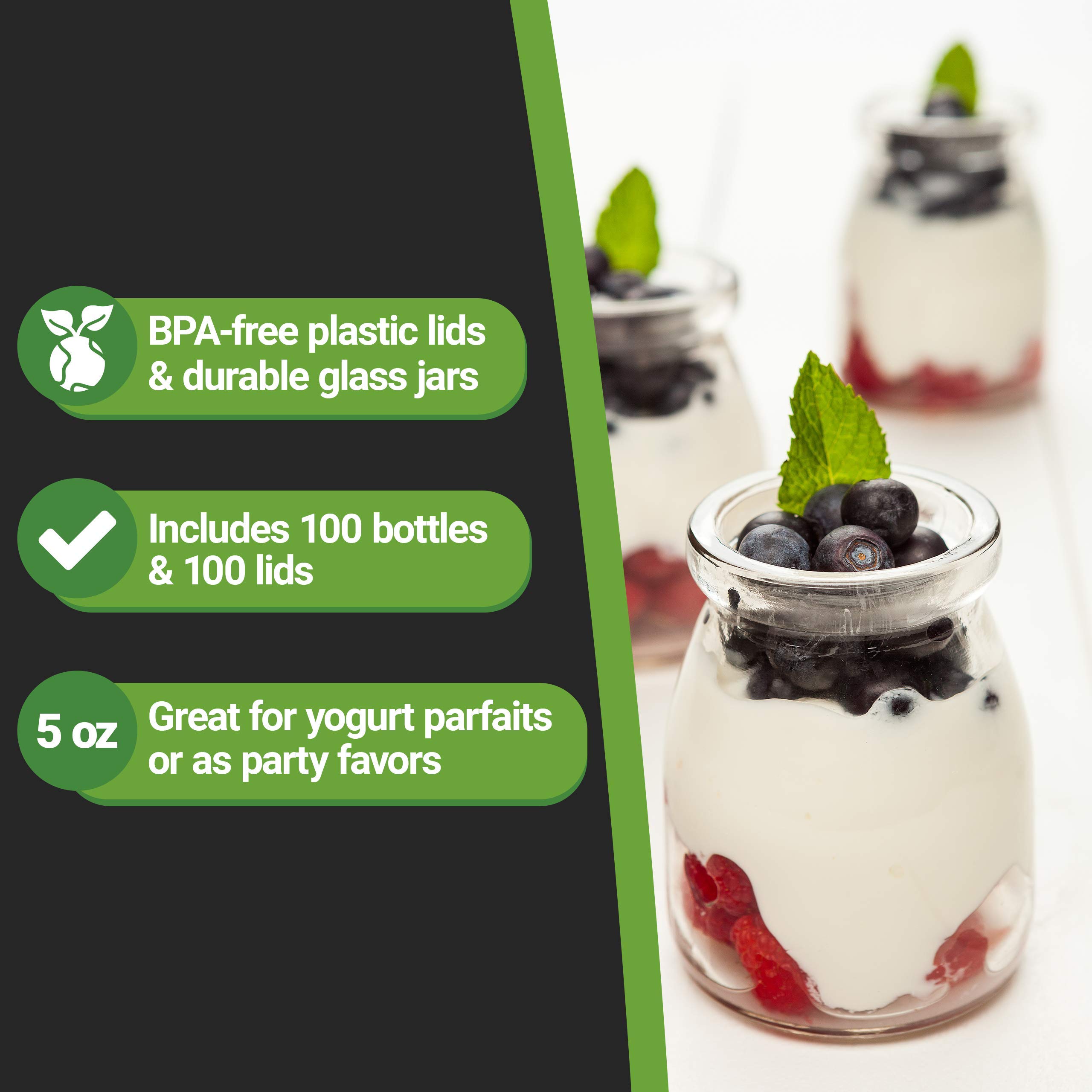 5 oz Glass Jars with Lids - Set of 100 Dishwasher Safe Freezable Clear Parfait Cups - Perfect for Pudding, Yogurt, Desserts - Ideal for Restaurants, Buffets, Breakfast Bars & Home Use