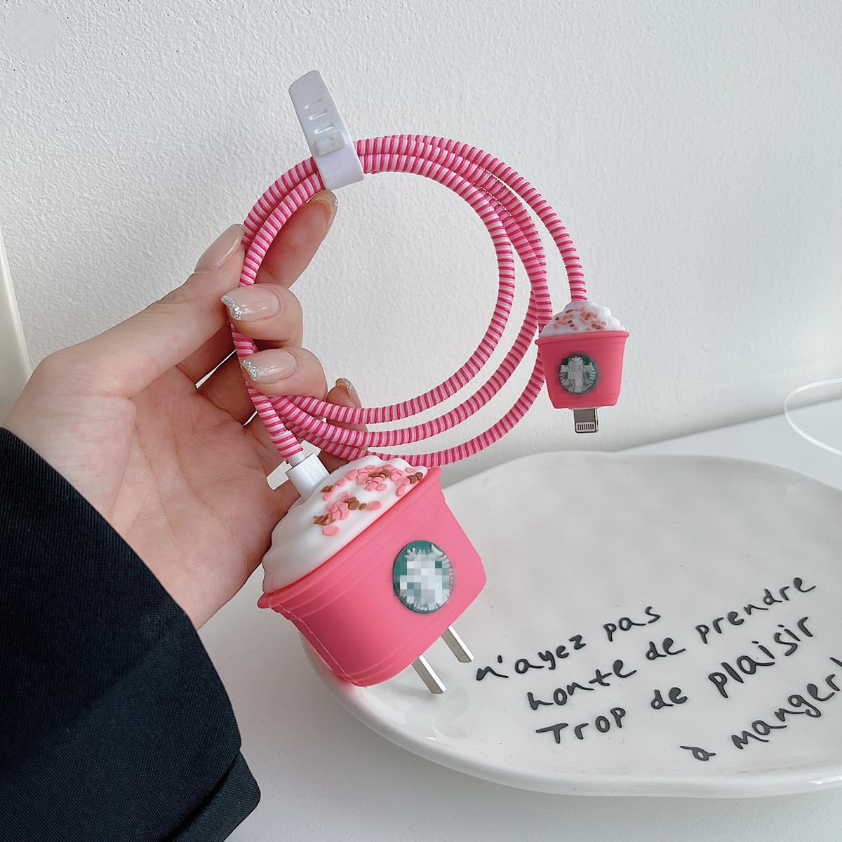 Cute Cartoon iPhone 20W USB-C Charger Cable Protector - Funny 3D Kawaii Design Fast Charging Adapter Cover for iPhone 12/13/14/15 Pro Max - Perfect for Home, Office & Travel (Pink Cup Style)