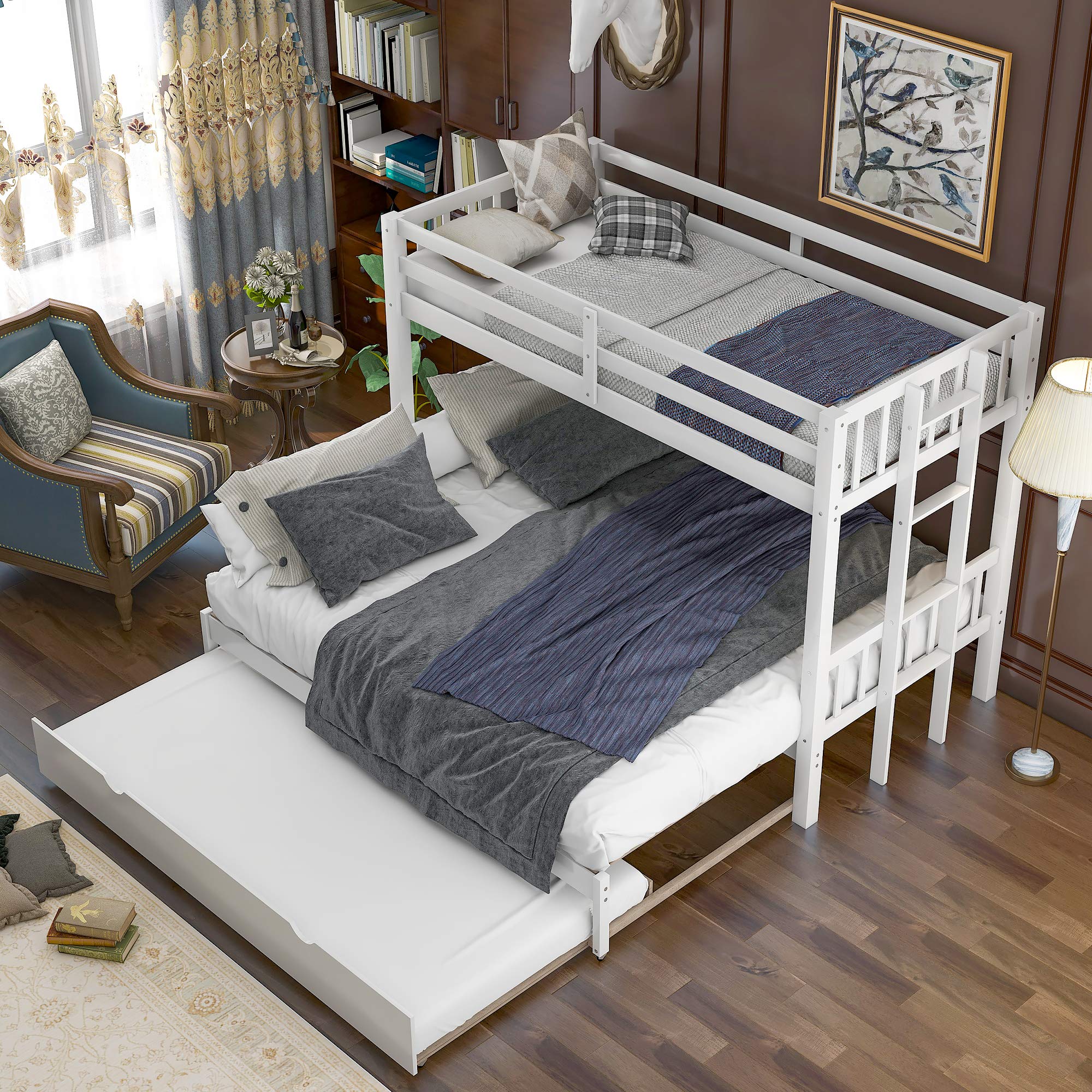 **White Twin Over Pull-Out Bunk Bed with Trundle - No Spring Box Needed, Space-Saving Floor Bunk Bed for Kids, Teens & Guest Rooms**    *(Perfect for small bedrooms, vacation homes, dormitories & shared kids' rooms – maximizes space with stylish functionality!)*
