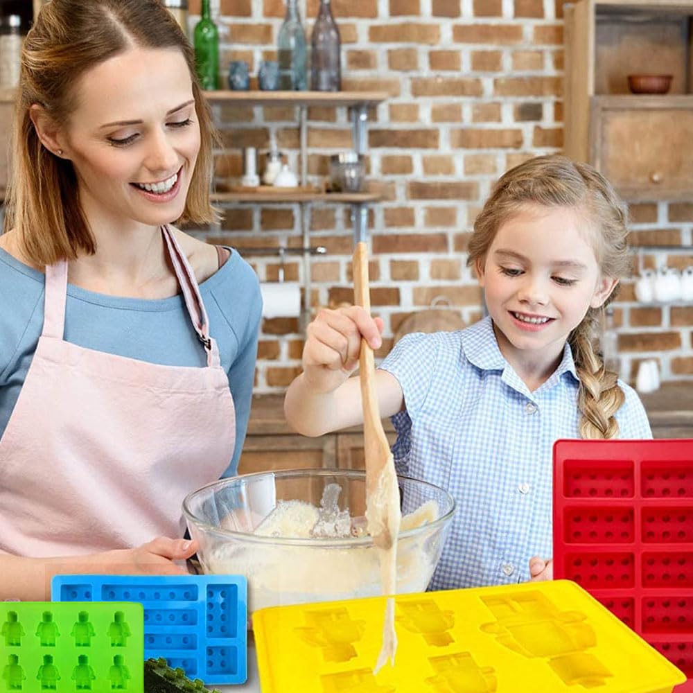 4-Piece Silicone Candy Molds for Building Bricks - Chocolate & Jelly Biscuit Molds with 2 Droppers & Cleaning Brush - Perfect for DIY Desserts, Cake Decorating & Kids Baking Activities