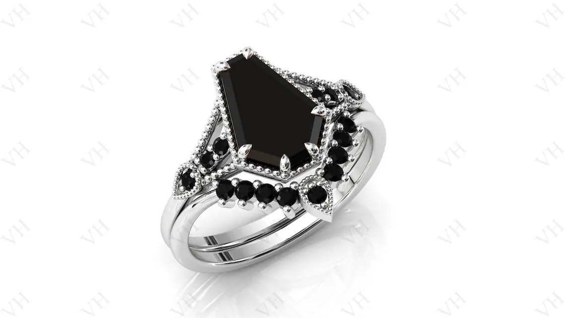 3 CT Art Deco Coffin Shaped Black Onyx Engagement Ring Set - 18K Gold Vintage Wedding Band, Anniversary Jewelry Gift for Women - Perfect for Gothic Brides, Alternative Weddings & Dark Romance Lovers