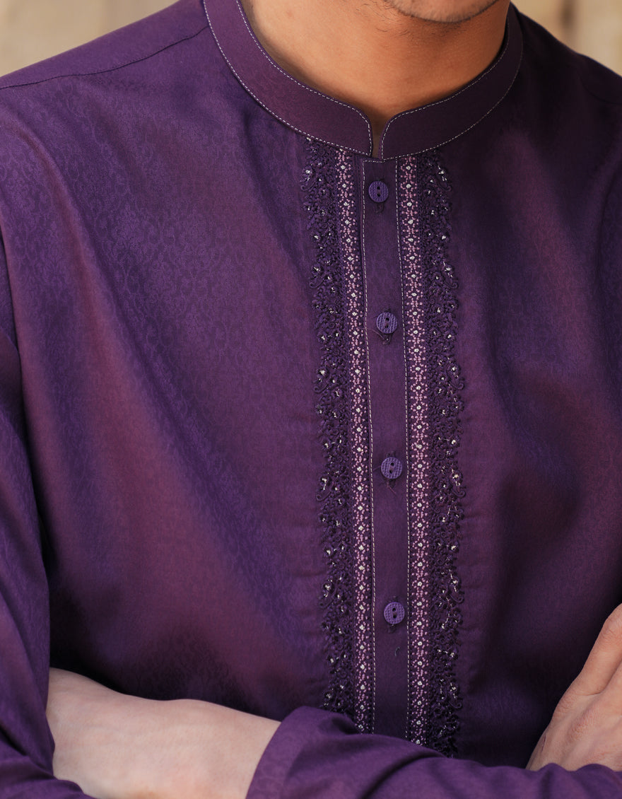 Blended Dark Purple Kurta by J. Junaid Jamshed | Premium Cotton Embroidered Pakistani Traditional Dress for Women | Perfect for Eid, Weddings & Special Occasions