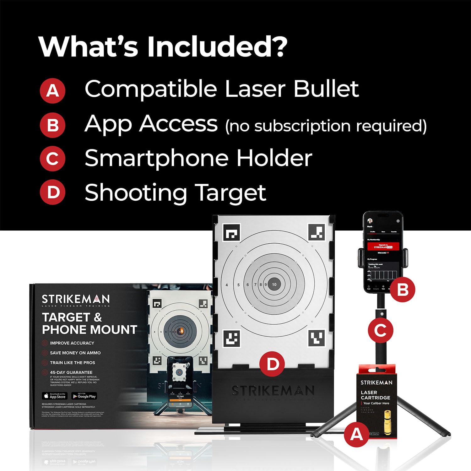 Strikeman Dry-Fire Laser Training System for Pistols - Laser Target Shooting Practice Kit with Free App (No Subscription), Cartridge, Target & Phone Holder - Perfect for Home Defense Training & Indoor Shooting Practice