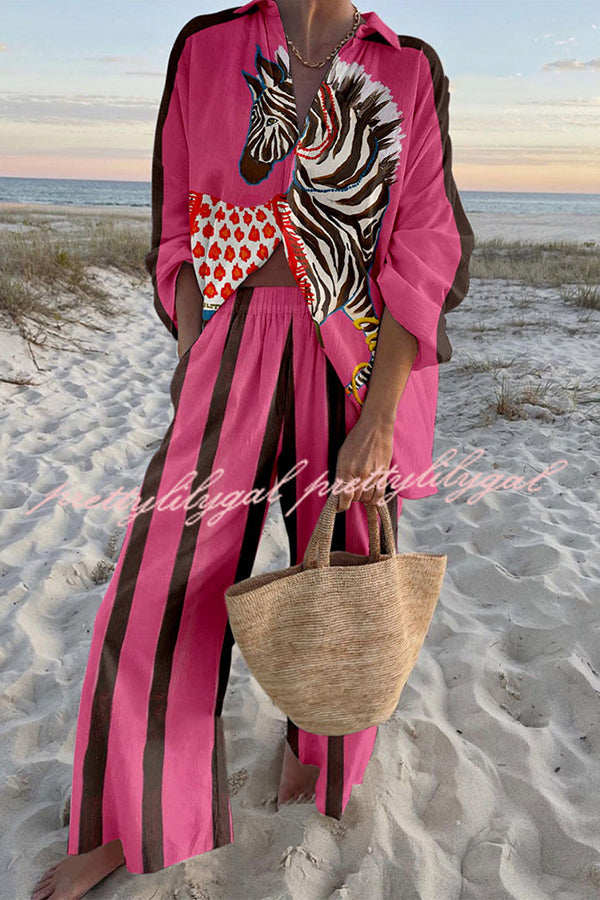 Stylish Zebra Print Oversized Shirt & Stretchy Waist Pocket Pants Set - Trendy Animal Print Lounge Outfit for Women, Casual Wear & Vacation Outfits