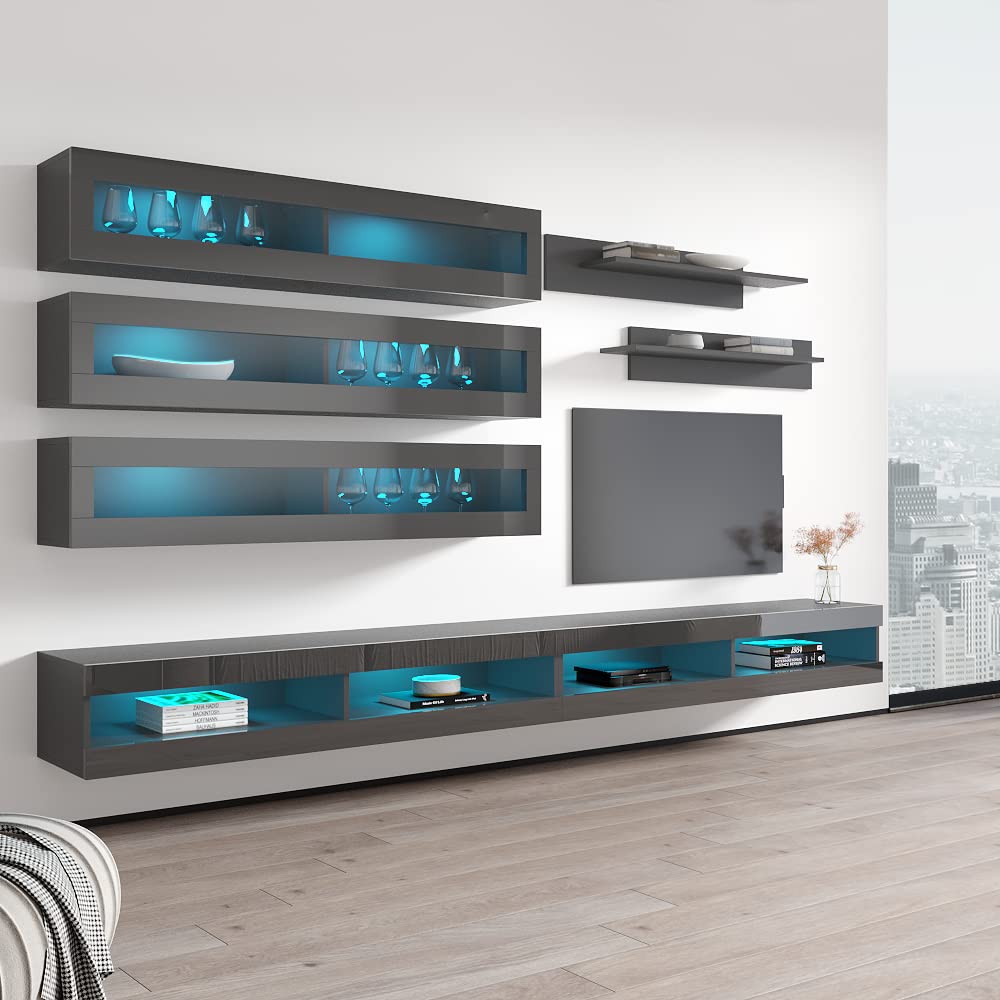 Modern Gray Wall-Mounted TV Stand with Storage Shelves & LED Lights - Floating Entertainment Center Console for Living Room & Bedroom - Meble Furniture Fly J2 34TV Stand - Perfect for Small Spaces, Apartments and Home Theater Setups