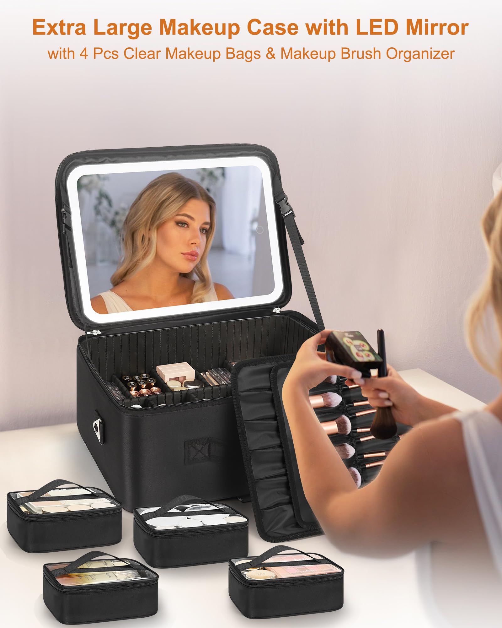 Relavel LED Makeup Bag with Mirror - Large Cosmetic Organizer for Travel & Professionals