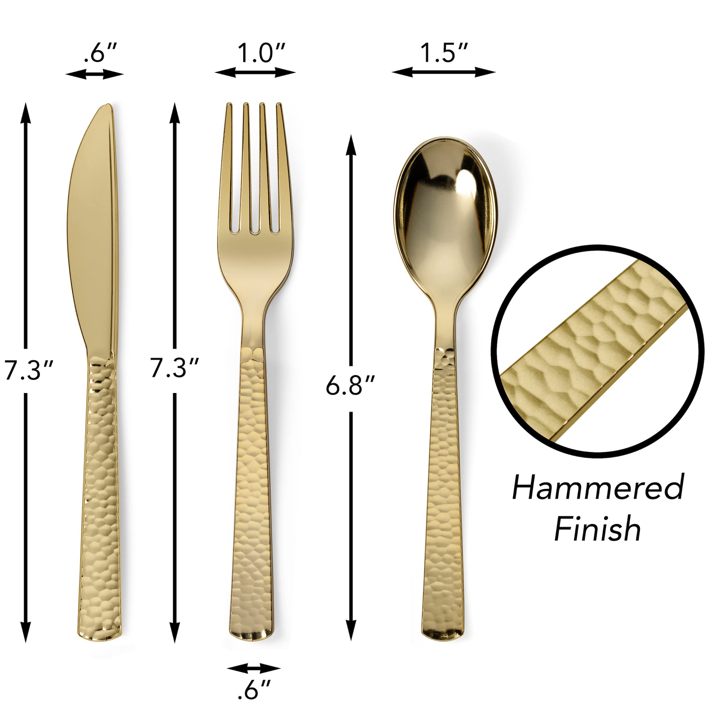 Premium 150-Piece Gold Plastic Silverware Set - Heavy Duty Gold Plastic Cutlery with Hammered Pebbled Finish (50 Forks, 50 Knives, 50 Spoons) - Elegant Disposable Utensils for Parties, Weddings, and Events