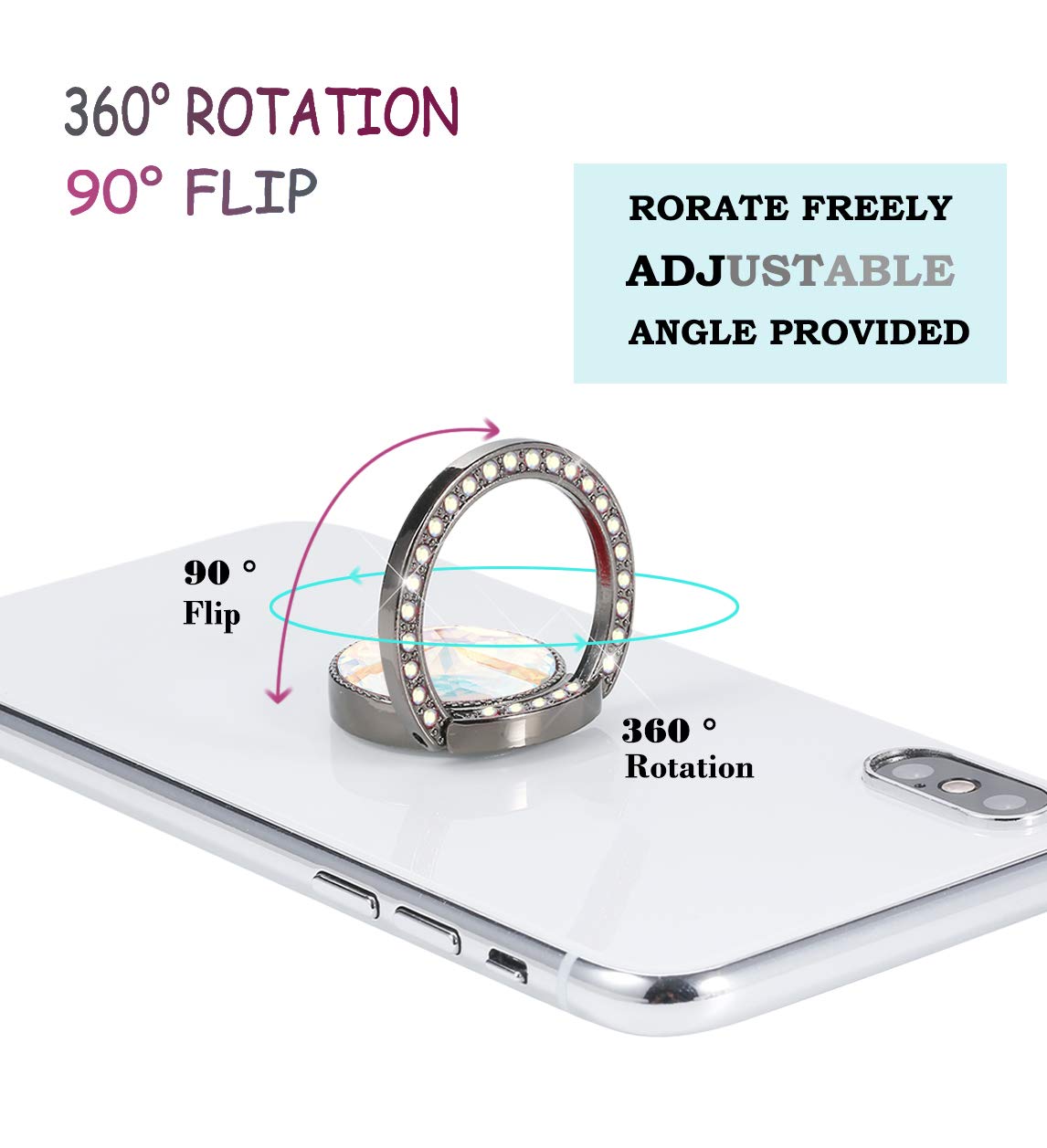 Sparkly Glitter Phone Ring Holder with Rhinestones - Bling Bling Diamond Kickstand Grip for Women - Black Crystal Cell Phone Finger Stand (Perfect for Selfies, Videos & Secure Grip)