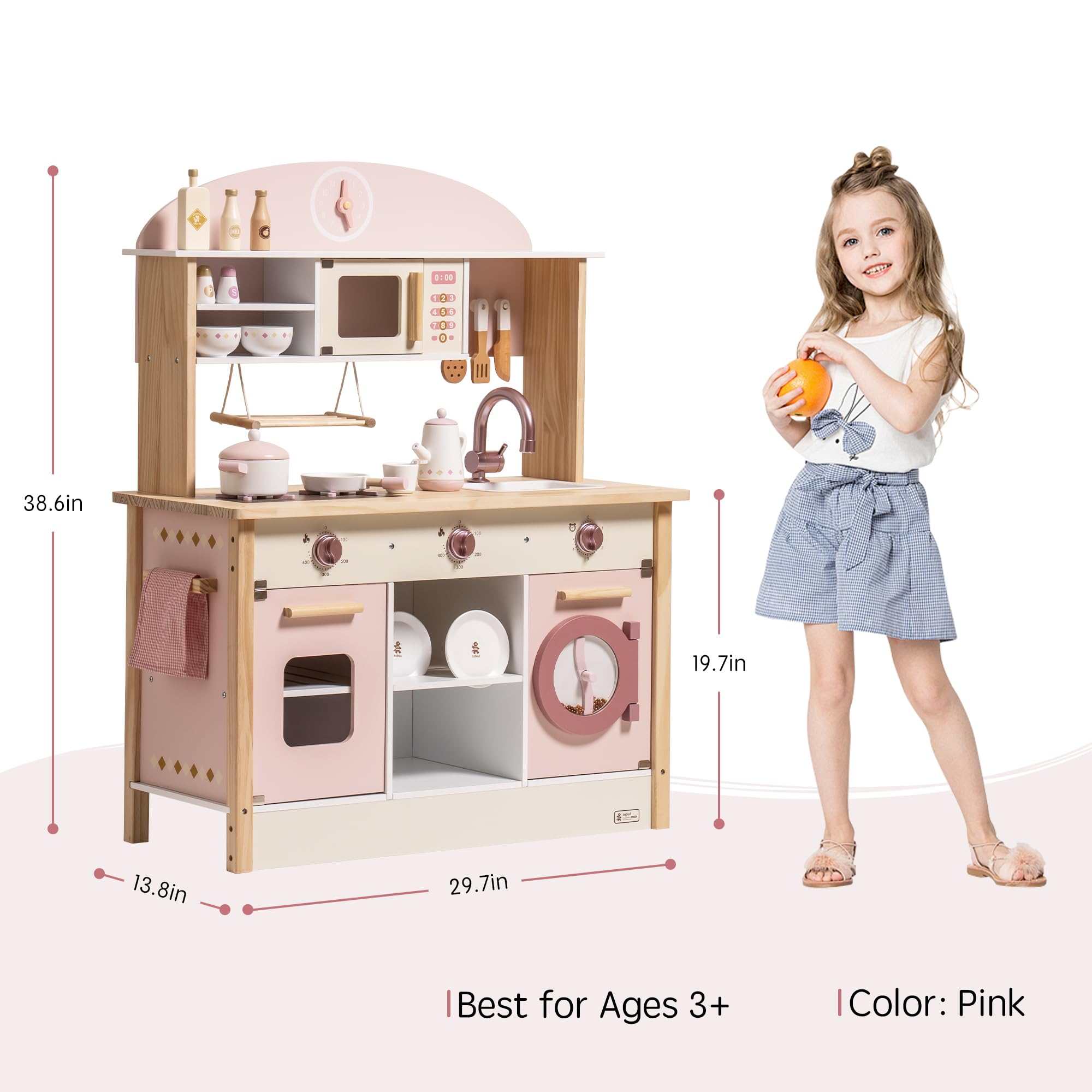 ROBUD Wooden Play Kitchen Set for Kids & Toddlers - Realistic Toy Kitchen with Accessories, Modern Design for Pretend Play - Perfect Gift for Boys & Girls Ages 3+ (Pink) | Great for Birthday, Christmas & Indoor Pretend Play Activities