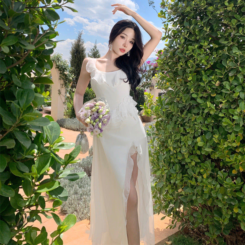 French Summer Open Back Dress - Elegant Fairy White Maxi Dress for Women | Perfect for Beach Vacations, Weddings & Date Nights