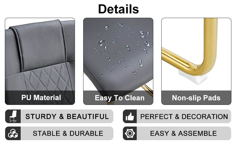 Stylish Faux Leather Cushioned Chairs with Metal Legs - Set of 6 (Gray PU Leather) for Living Room, Kitchen, Bedroom & Dining Room - Perfect for Home Decor & Guest Seating