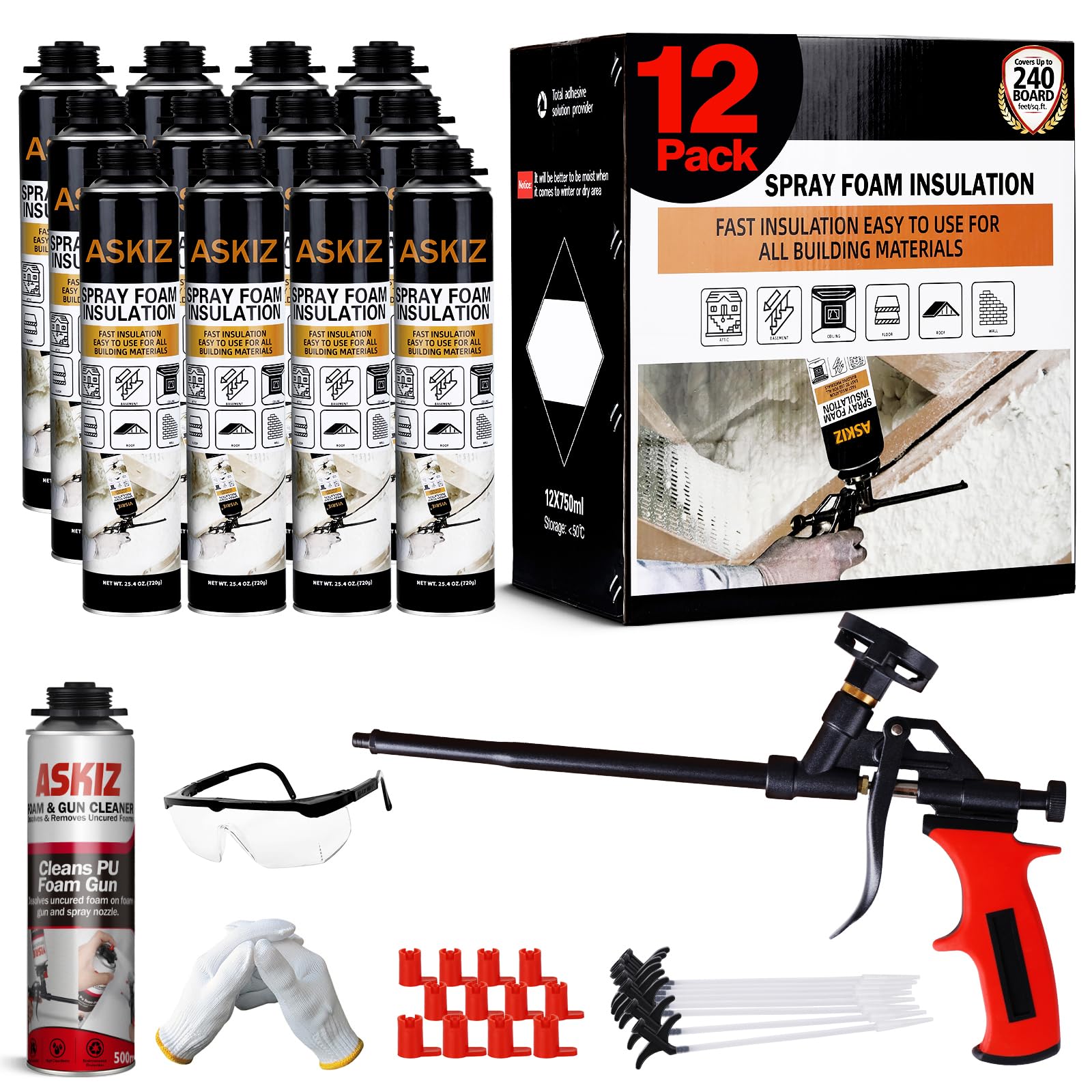 Closed Cell Spray Foam Insulation Kit - 25.4 oz Expanding Foam Sealant for Walls & Attics | Covers 240 Board Feet | Includes Spray Gun & Cleaner (12 Pack) | Soundproofing & Thermal Insulation for Homes, Garages & Basements