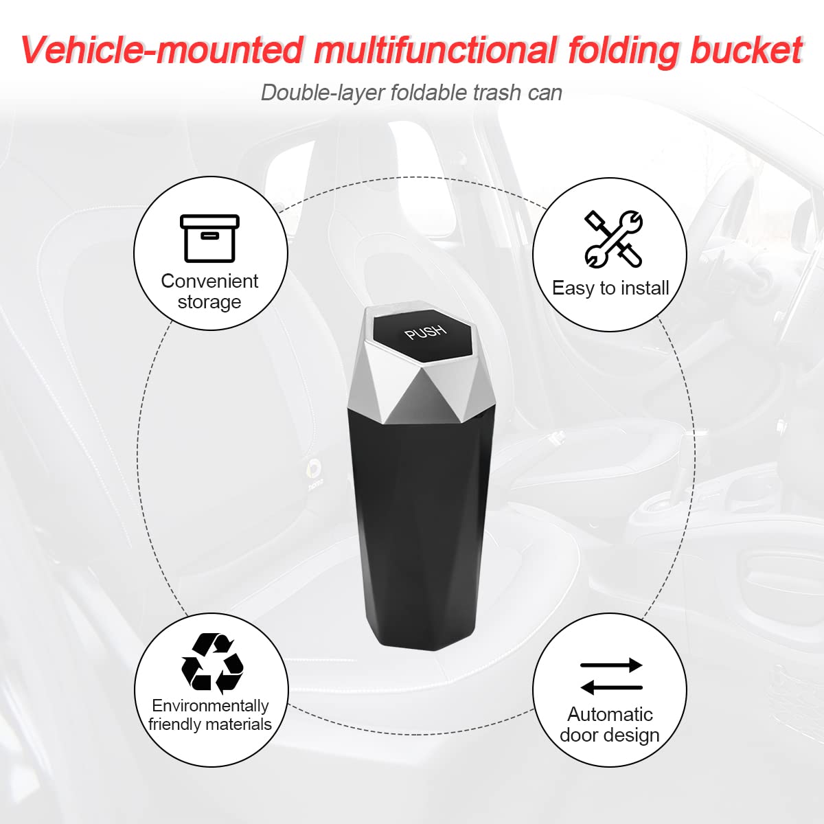Car Trash Can with Lid - Mini Portable Auto Garbage Bin, Leakproof Diamond Design Vehicle Dustbin - Waterproof Car Waste Container for Automotive, Home, Office, Kitchen, Bedroom - Perfect for Road Trips, Commuting & Keeping Vehicles Clean (Silver, 1 Pack)