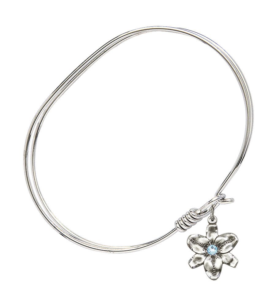 7 Inch Oval Eye Hook Bangle Bracelet with Chastity Medal Charm & March Blue Crystal - Elegant Jewelry for Women, Perfect for Valentine's Day, Anniversaries, and Special Occasions