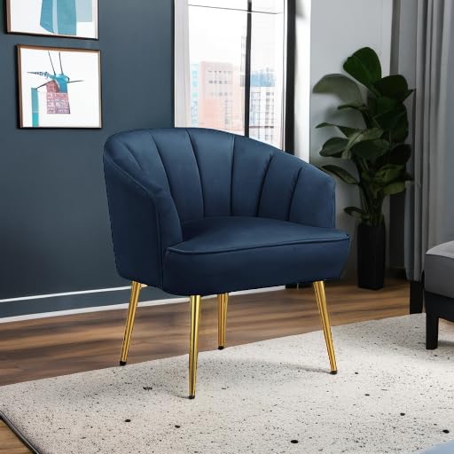 Modern Velvet Lounge Chair with Golden Metal Legs - Blue Accent Side Chair for Living Room, Bedroom, Dressing Room & Home Office - Perfect for Relaxing, Reading & Decorating Your Space