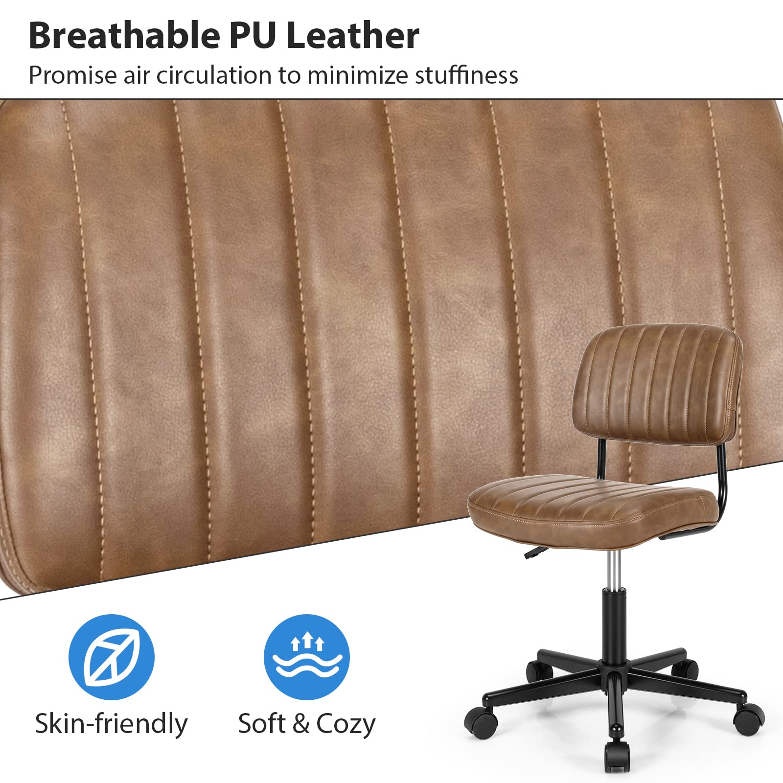 COSTWAY Armless Desk Chair with Wheels - PU Leather Low Back Computer Task Chair with Lumbar Support, Height Adjustable Rolling Office Chair for Home, Kids, Teens & Adults (Brown) - Perfect for Study, Work & Gaming