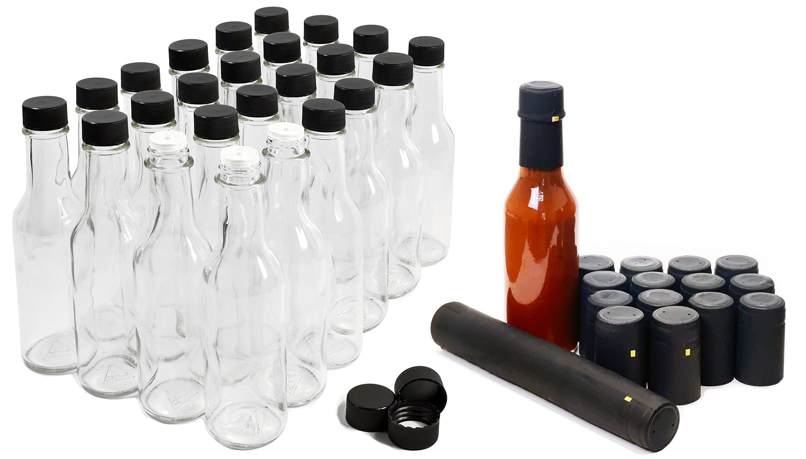 Hot Sauce Bottles 5 Oz, 24 Pack with 30 Black Shrink Capsules – Premium Glass Containers for Homemade Hot Sauce, BBQ Sauce & Salad Dressing – Ideal for Restaurants, Catering & Home Kitchens