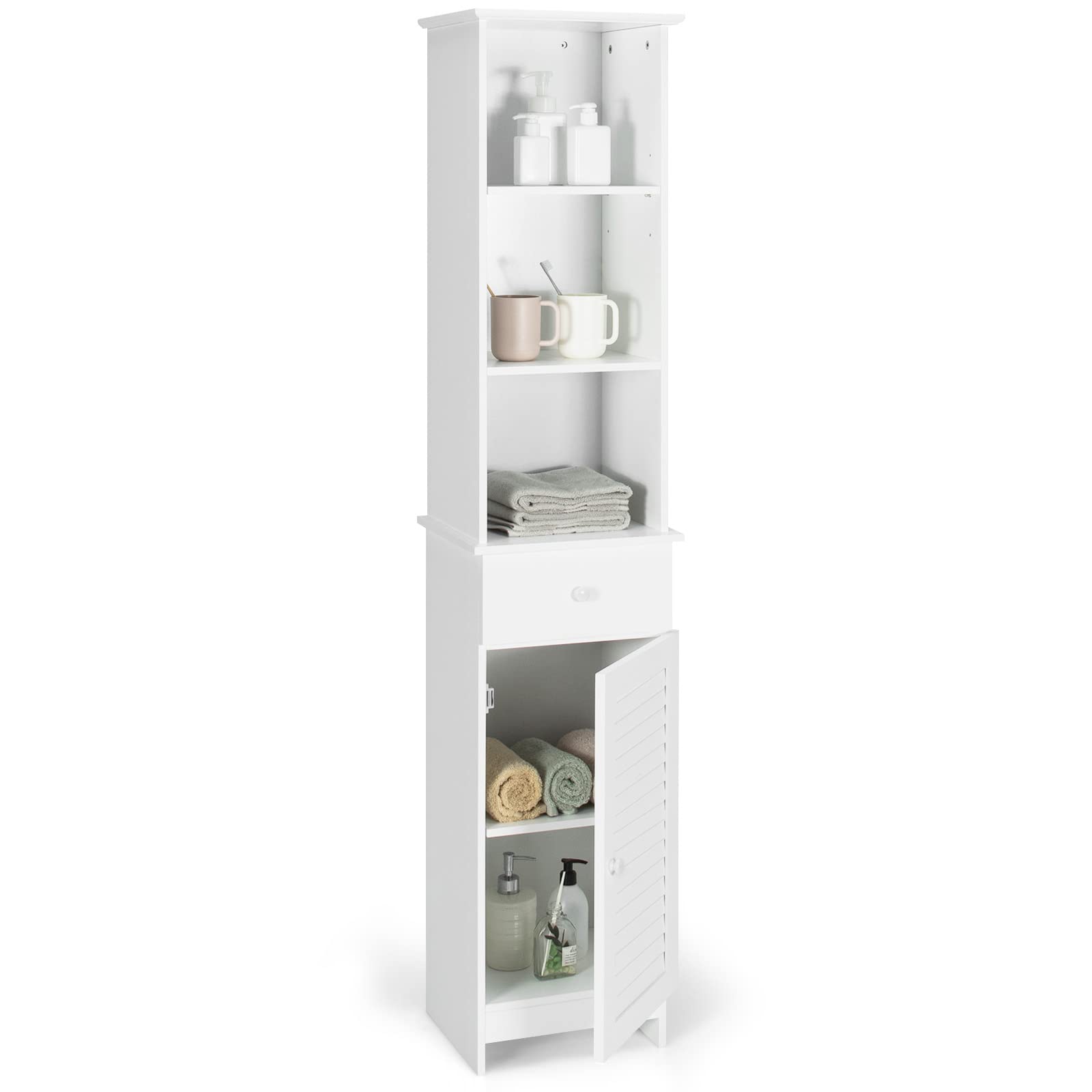 Tangkula 64.5 Inch Tall Bathroom Storage Cabinet with 3-Tier Shelf, Drawer & Enclosed Cabinet - Adjustable Shelves, Narrow Floor Linen Tower for Bathroom & Living Room - 13.5 x 12 x 64.5 Inches - Perfect for Small Spaces, Organizing Towels & Toiletries