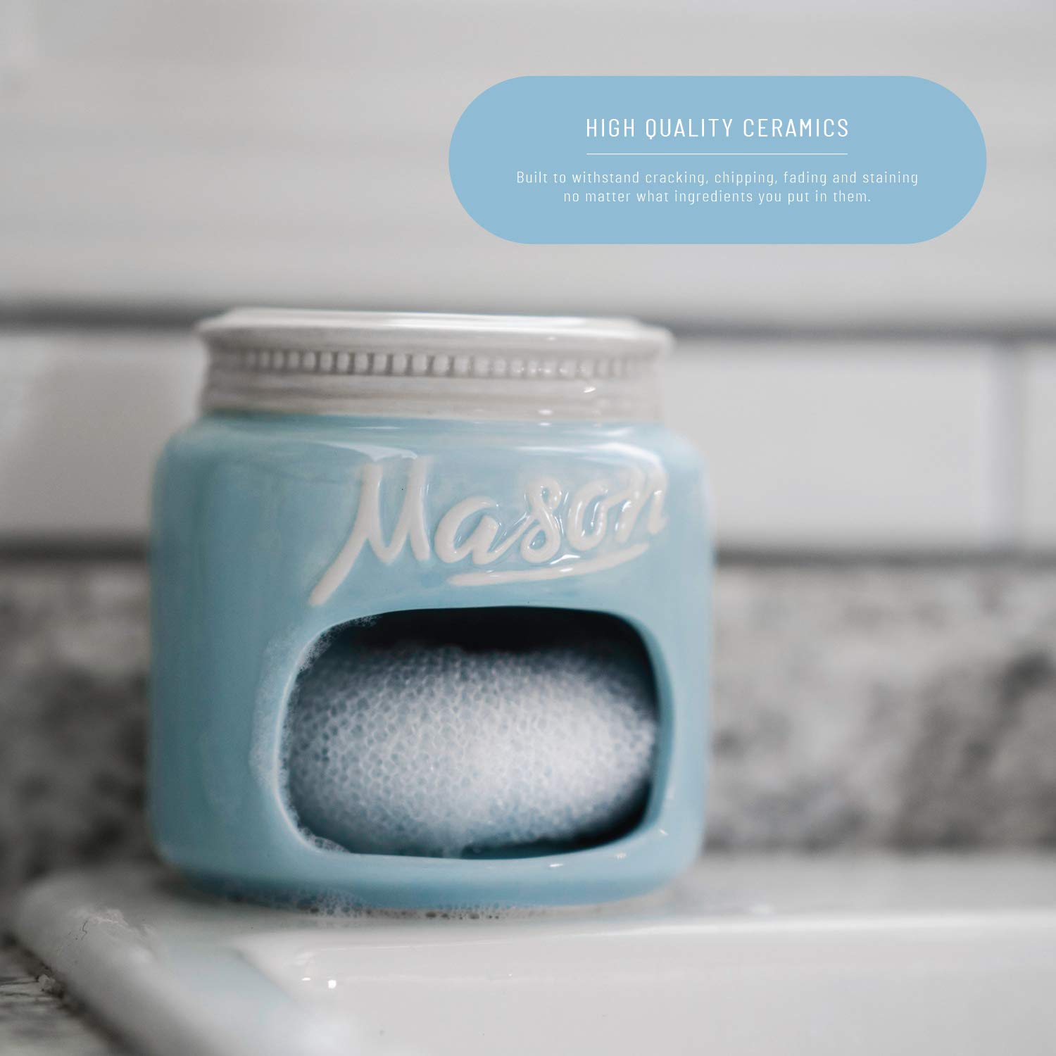 Blue Ceramic Mason Jar Sponge Holder - Farmhouse Kitchen Decor Sponge Caddy - Rustic Sink Organizer & Retro Kitchen Accessories - Perfect for Dishwashing, Bathroom Storage & Country Style Home Decor