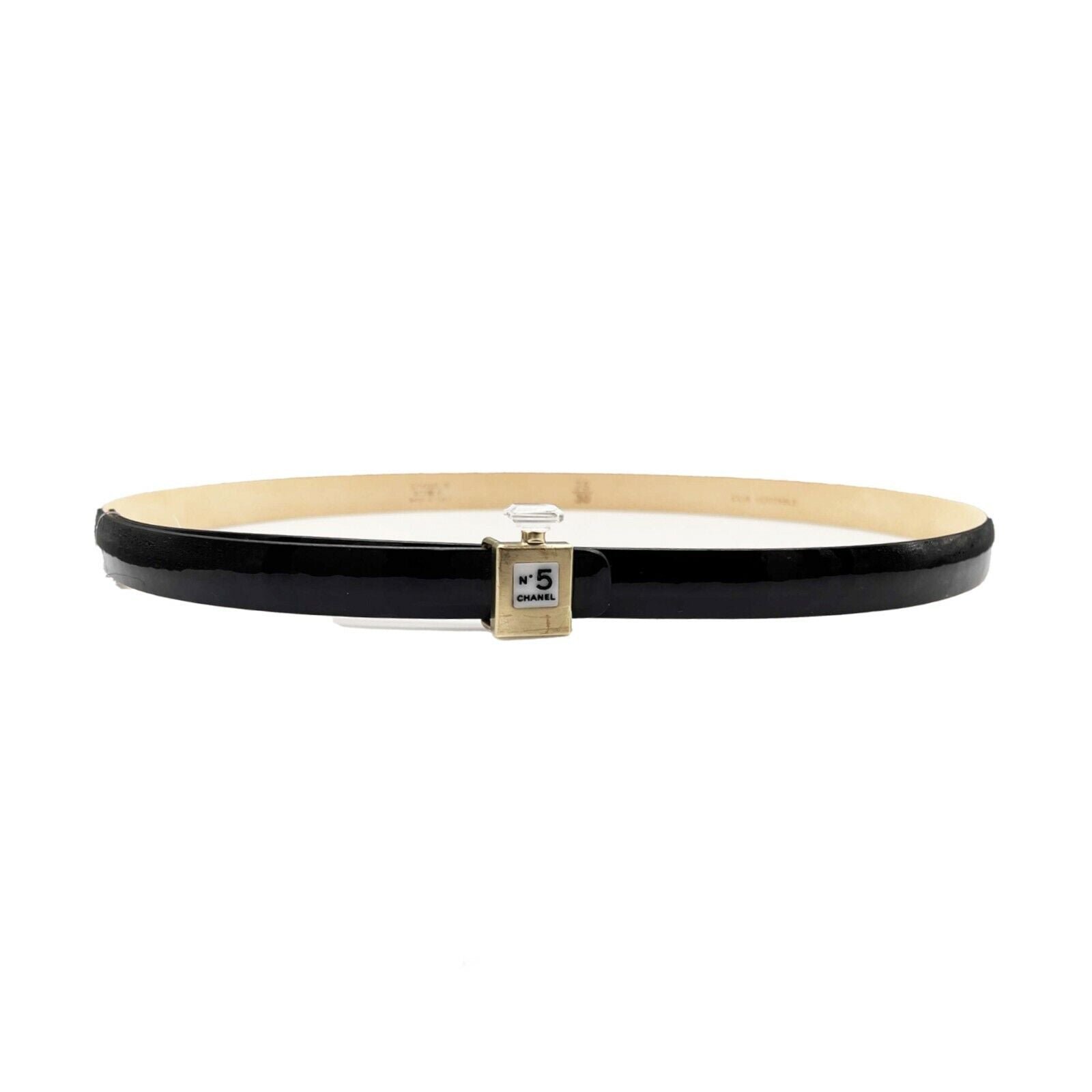 CHANEL B12 Slim Black Belt with No.5 Perfume Bottle Buckle - 75/30 Size | Luxury Fashion Accessory for Women, Perfect for Parties & Special Occasions