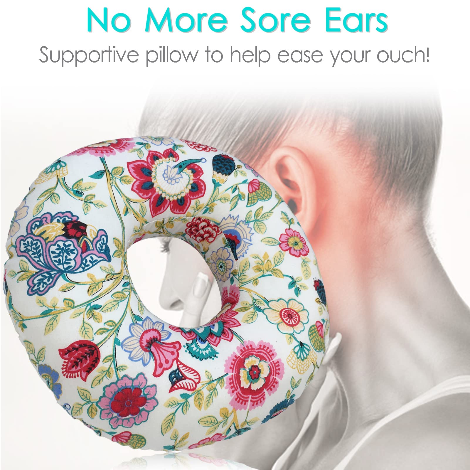 Floral Print Donut Ear Pillow with Hole - Comfortable Piercing Pillow for Ear Pain Relief, Pressure Sore Prevention & Side Sleepers - Perfect for Sleeping with Earrings or Headphones (Sunflower Design) - Ideal for Post-Piercing Care, Travel & Home Use