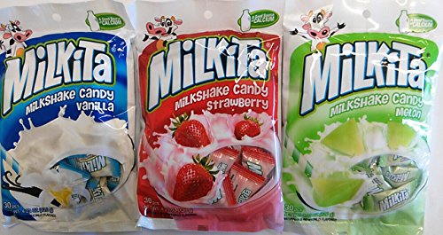 Milkita Milk Shake Candy - Assorted Vanilla, Strawberry & Melon Flavors (90pcs, 3-Pack 4.23oz Bags) | Chewy Asian Sweets for Kids, Party Favors & Office Snacks