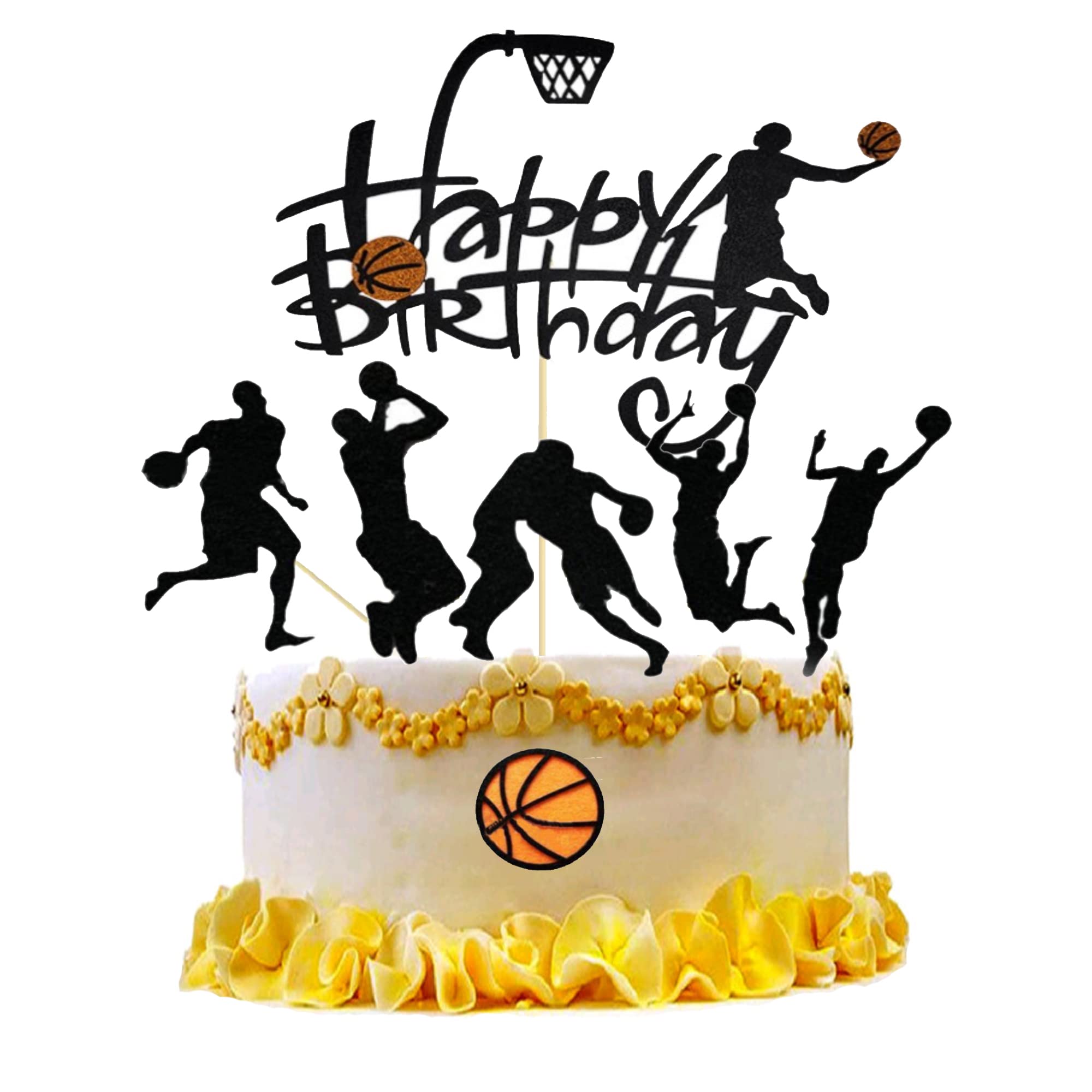 7-Piece Basketball Cake Topper Set - Happy Birthday Basketball Party Decorations - Black & Orange Basketball Cake Decor for Sports Themed Birthday Parties - Perfect for Cakes, Cupcakes & Dessert Tables