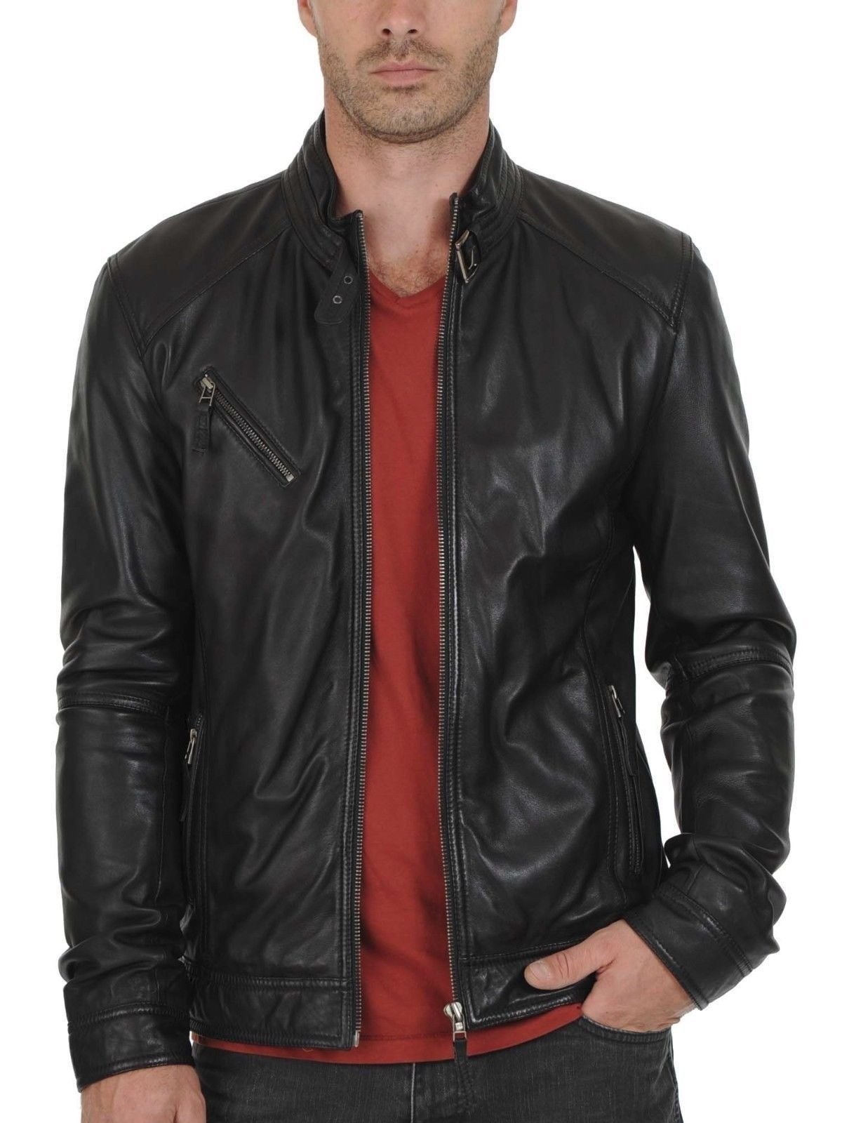 **Men's Distressed Leather Motorcycle Jacket - Stylish Biker Bomber Jacket with Zipper - Black Outerwear for Riding & Casual Wear**
