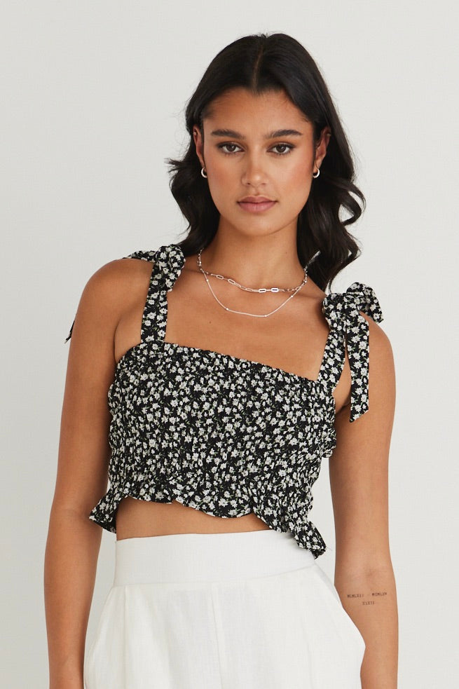 Stylish Black Ditsy Floral Shirred Cami Top for Women | Summer Casual Outfit | Perfect for Dates, Beach Vacations & Brunch