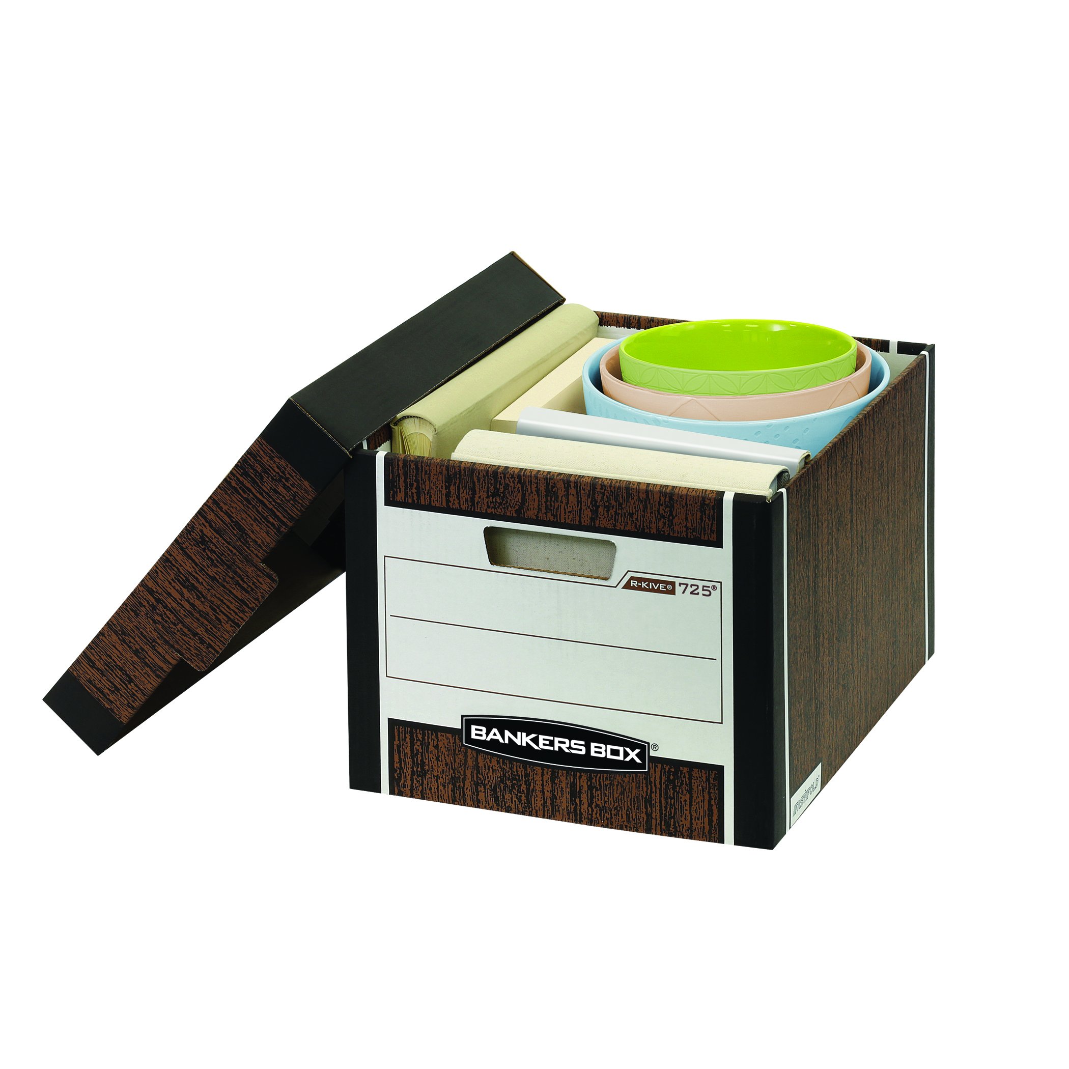 Heavy-Duty Bankers Box 12 Pack - R-KIVE FastFold File Storage Boxes with Lift-Off Lid, Letter Size, Woodgrain Finish - Perfect for Office Document Organization & Home Filing Systems