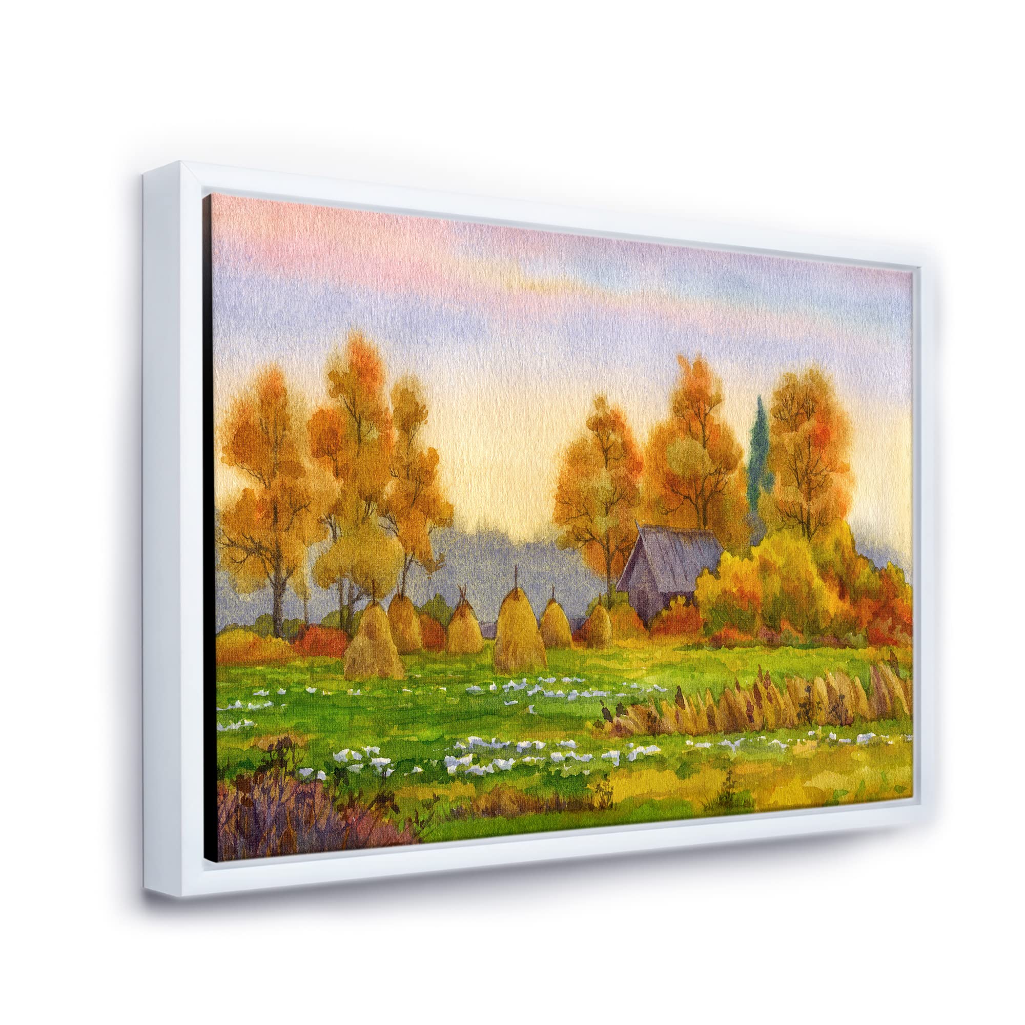 Haystacks on Orange Fields I - Lake House Framed Canvas Wall Art Print for Living Room, Bedroom & Office Decor | Farmhouse Landscape Painting